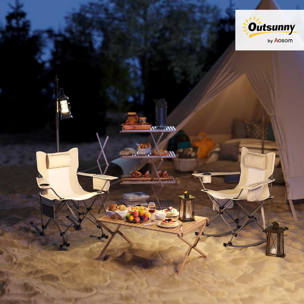 Outsunny Folding Rocking Camping Chairs for Adults, Portable Outdoor Rocking Chairs with Headrest, Cooler Bag, Cup Holder, Carry Bag for Picnic Outside and Outdoor Travel, 2 Pack, Cream