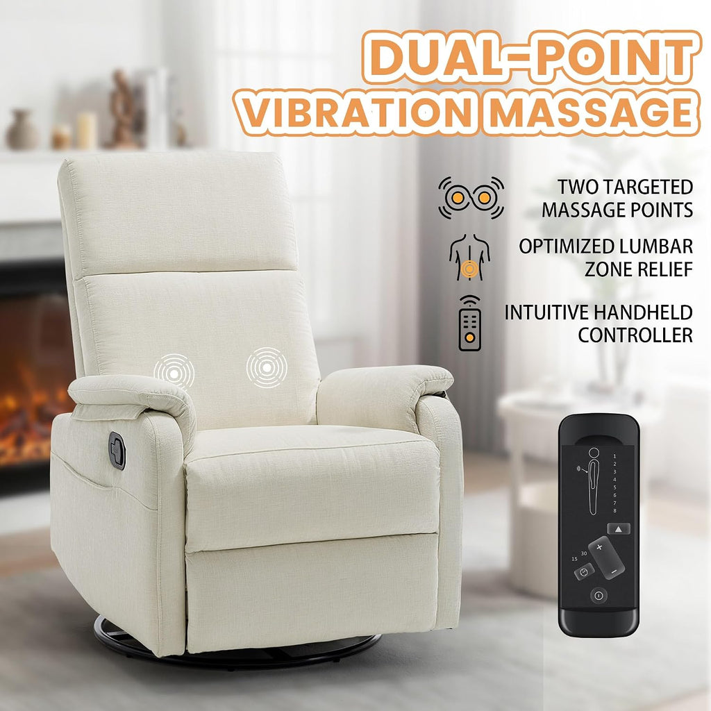 Korser Swivel Rocking Recliner with Massage, Small Glider Chair for Nursery, Modern-Designed Armrests Chair for Adults Living Room, Chenille, Beige