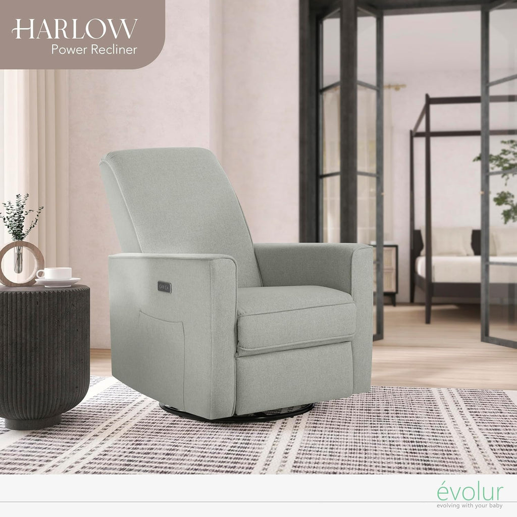 évolur Harlow Upholstered Power Glider Recliner with USB Charging – Rocking & 275° Swivel with Smooth Glide – Greenguard Gold & FSC Certified – Modern Nursery and Living Room Chair in Light Grey