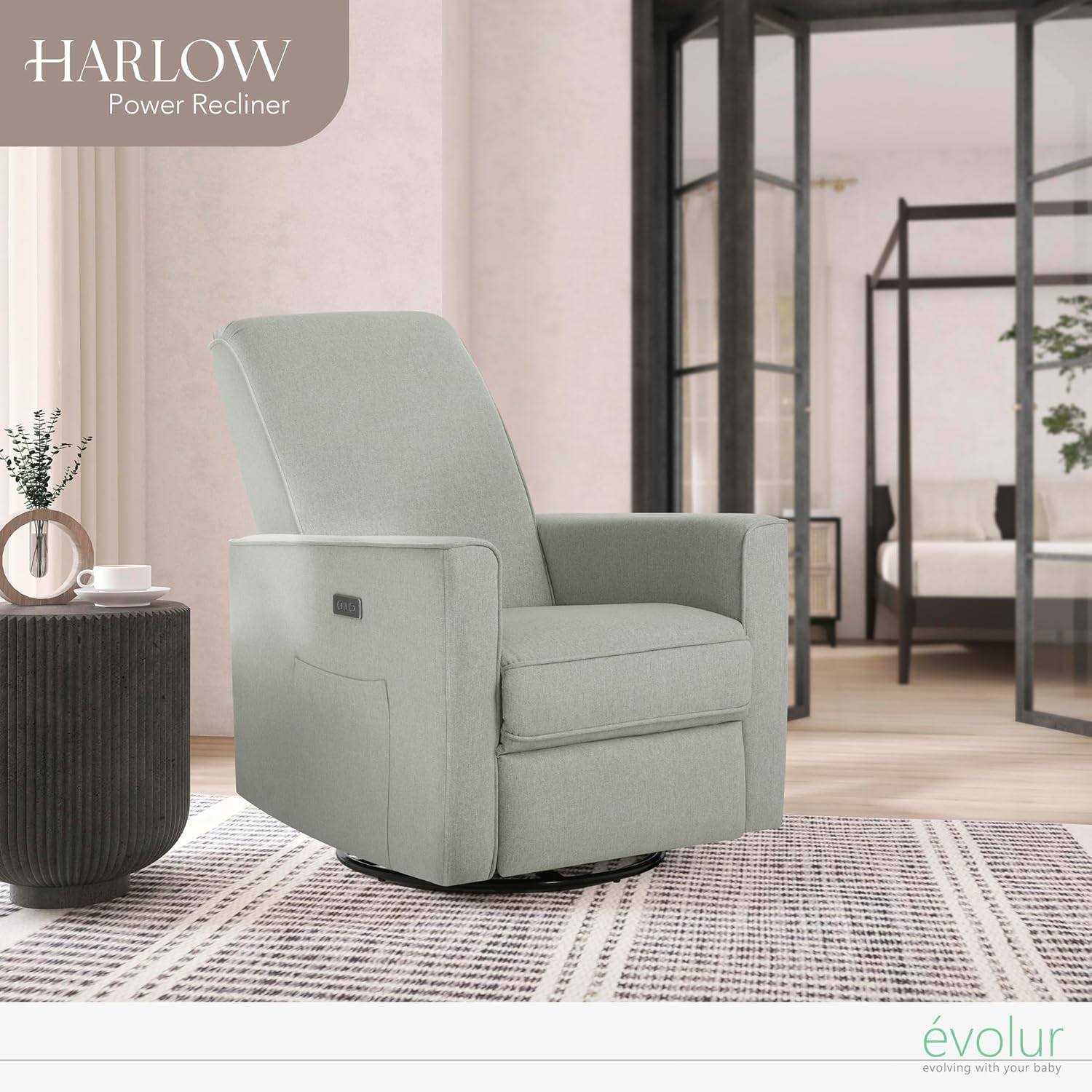 évolur Harlow Upholstered Power Glider Recliner with USB Charging – Rocking & 275° Swivel with Smooth Glide – Greenguard Gold & FSC Certified – Modern Nursery and Living Room Chair in Light Grey