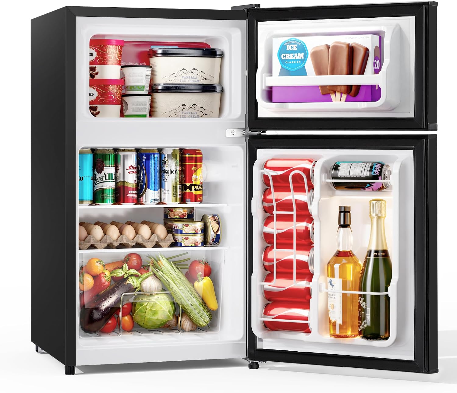 Tehanld Double Door Refrigerator with Freezer, 3.55 Cu.Ft, Small Fridge with Freezer, 7 Settings Temperature Adjustable, Mini Refrigerator for Office and Apartment Bedroom Dorm(3.55 Cu.Ft, Black)