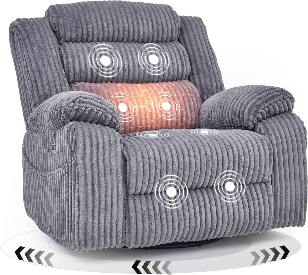 SINCRUMI Power Swivel Rocker Recliner Chair for Adults with Massgae and Heat, USB and Type-C Charging Port, Infinite Position, Electric Glider Rocking Chairs for Living Room, Nursery, Grey