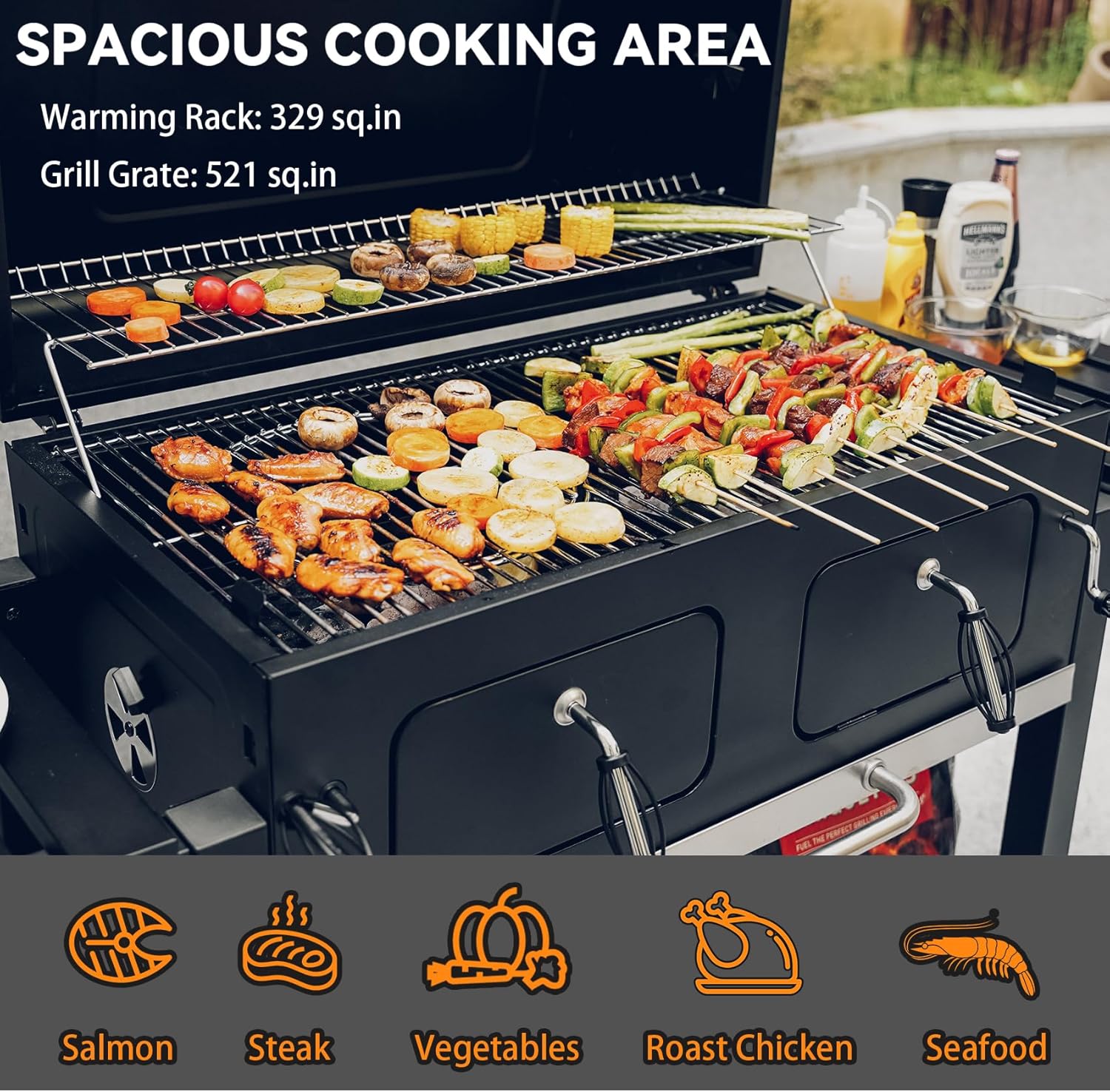 ONLYFIRE GRILLS Large BBQ Charcoal Grill with Cart & 2 Liftable Charcoal Trays, 794 SQ.IN Cooking Area, Heavy Duty Outdoor Barbecue Grill with Foldable Side Tables, Wheels & Cover, GS339