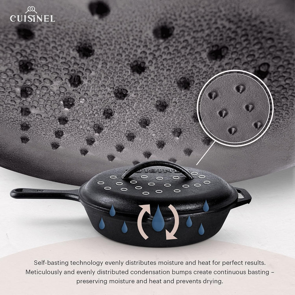 Cuisinel Cast Iron Skillets Set with Lids - 8'+10'+12'-inch Pre-Seasoned Covered Frying Pan Set + Silicone Handle and Lid Holders + Scraper/Cleaner - Indoor/Outdoor, Oven, Stovetop, Fire Safe Cookware