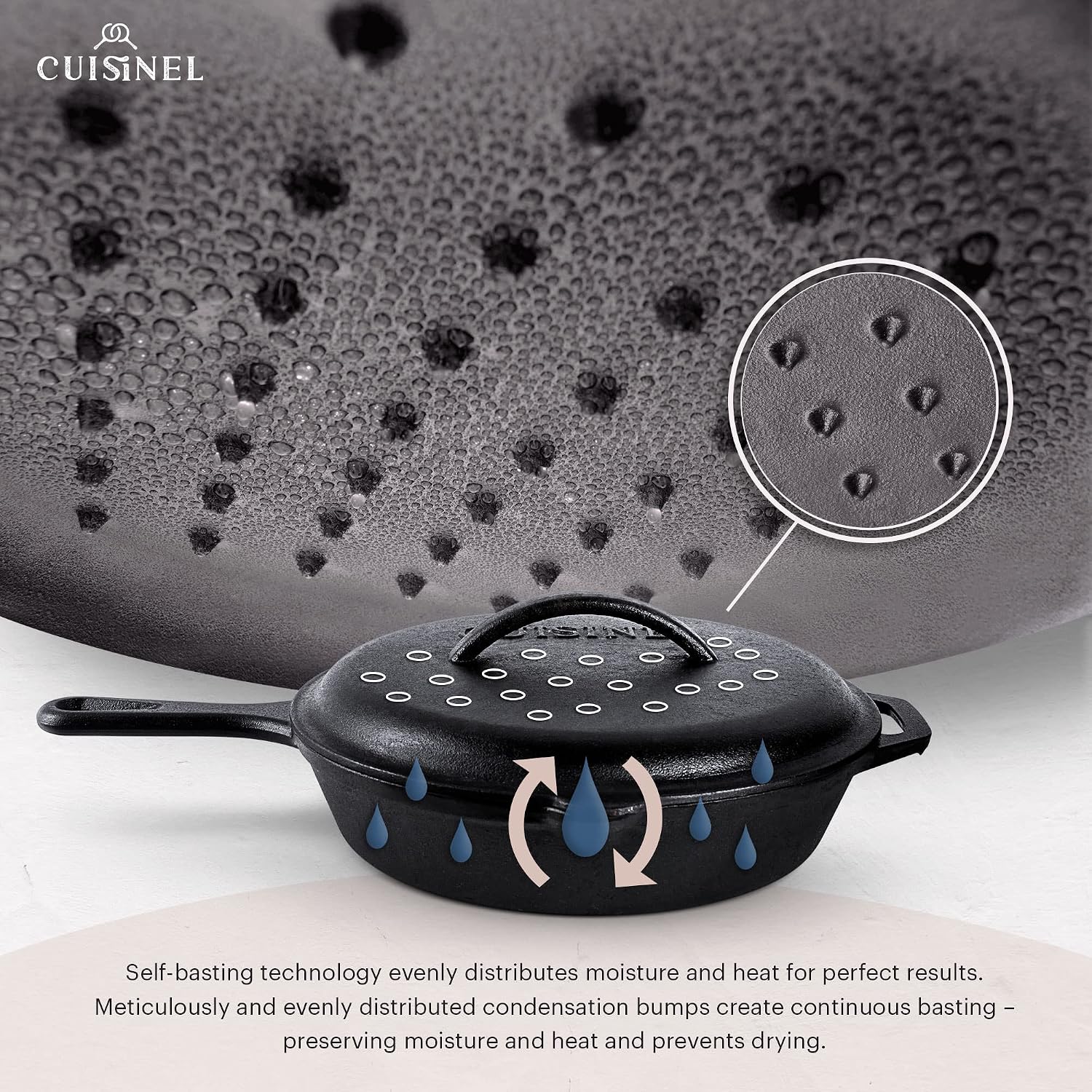 Cuisinel Cast Iron Skillets Set with Lids - 8'+10'+12'-inch Pre-Seasoned Covered Frying Pan Set + Silicone Handle and Lid Holders + Scraper/Cleaner - Indoor/Outdoor, Oven, Stovetop, Fire Safe Cookware