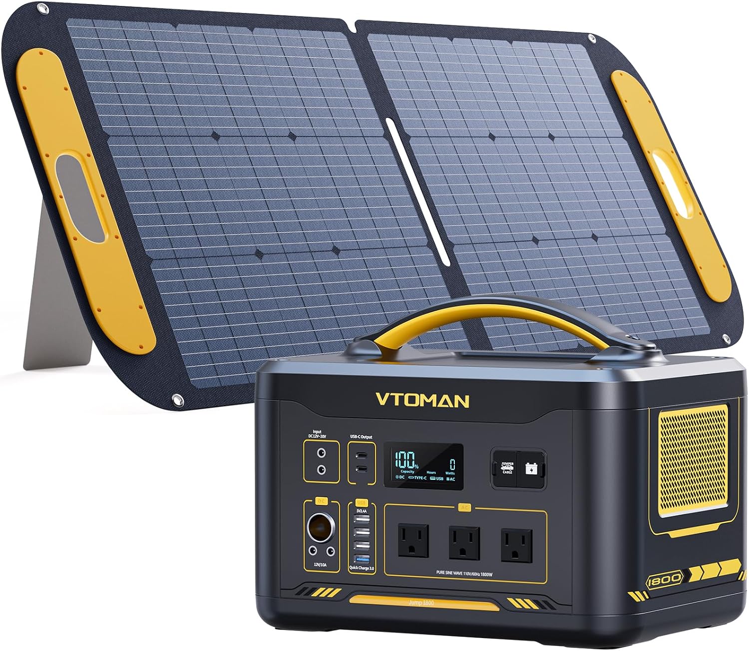 VTOMAN Jump 1800 Portable Power Station with 110W Solar Panel, 1548Wh LFP Battery 1800W AC Outlets (3600W Peak) /100W USB-C Output Fast Charge, Large Solar Generator for for Outdoor, Camping, Backup