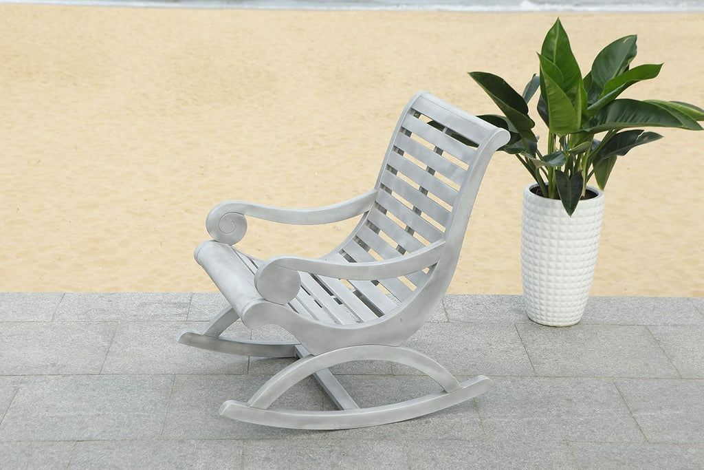 SAFAVIEH Outdoor - Sonora Rocking Chair - Grey - Solid Wood - Transitional British Slatted Design - Ideal for Patio, Deck, Porch, Backyard, 17.7' Seat Height (PAT7016A)