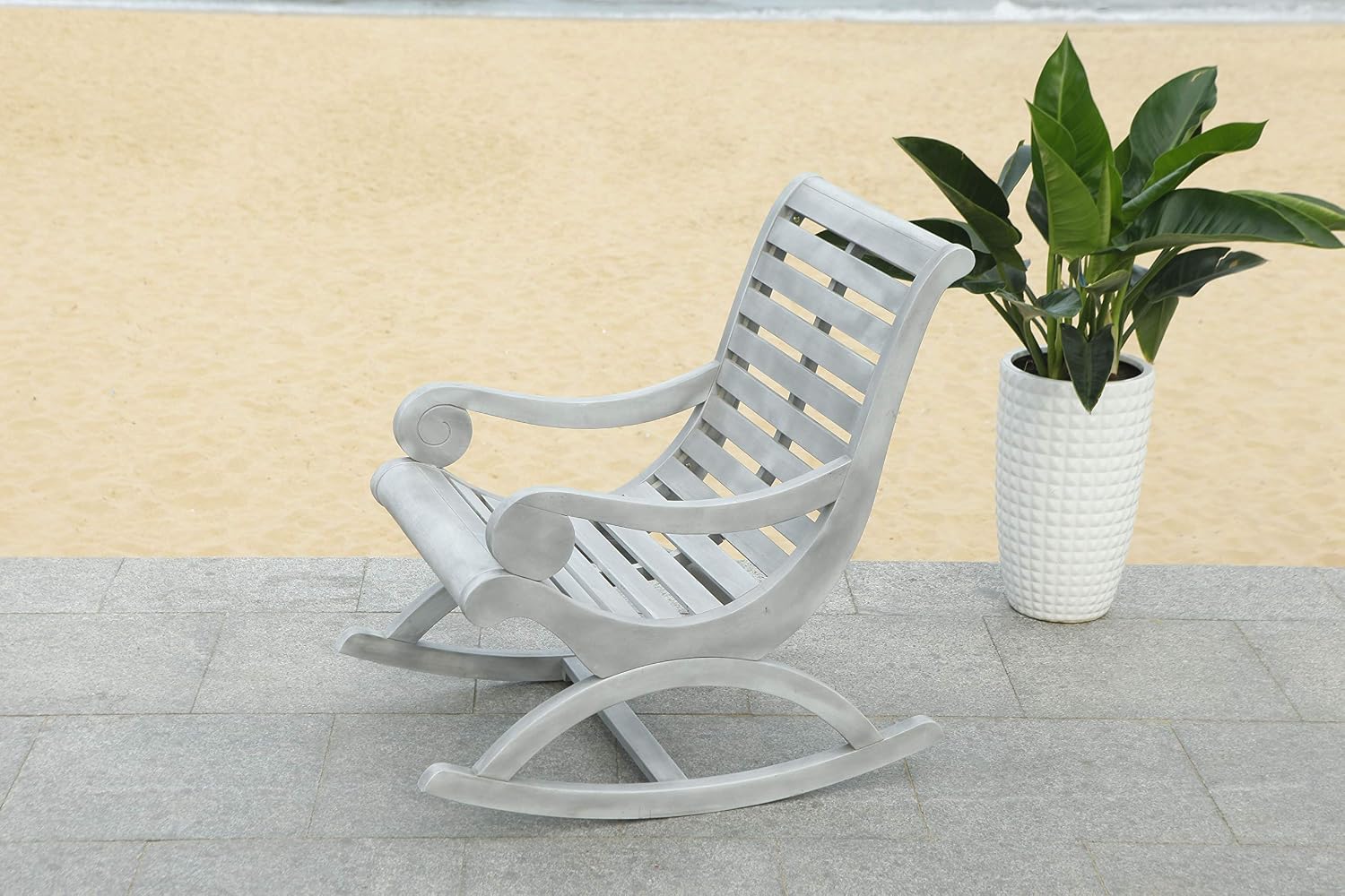 SAFAVIEH Outdoor - Sonora Rocking Chair - Grey - Solid Wood - Transitional British Slatted Design - Ideal for Patio, Deck, Porch, Backyard, 17.7' Seat Height (PAT7016A)