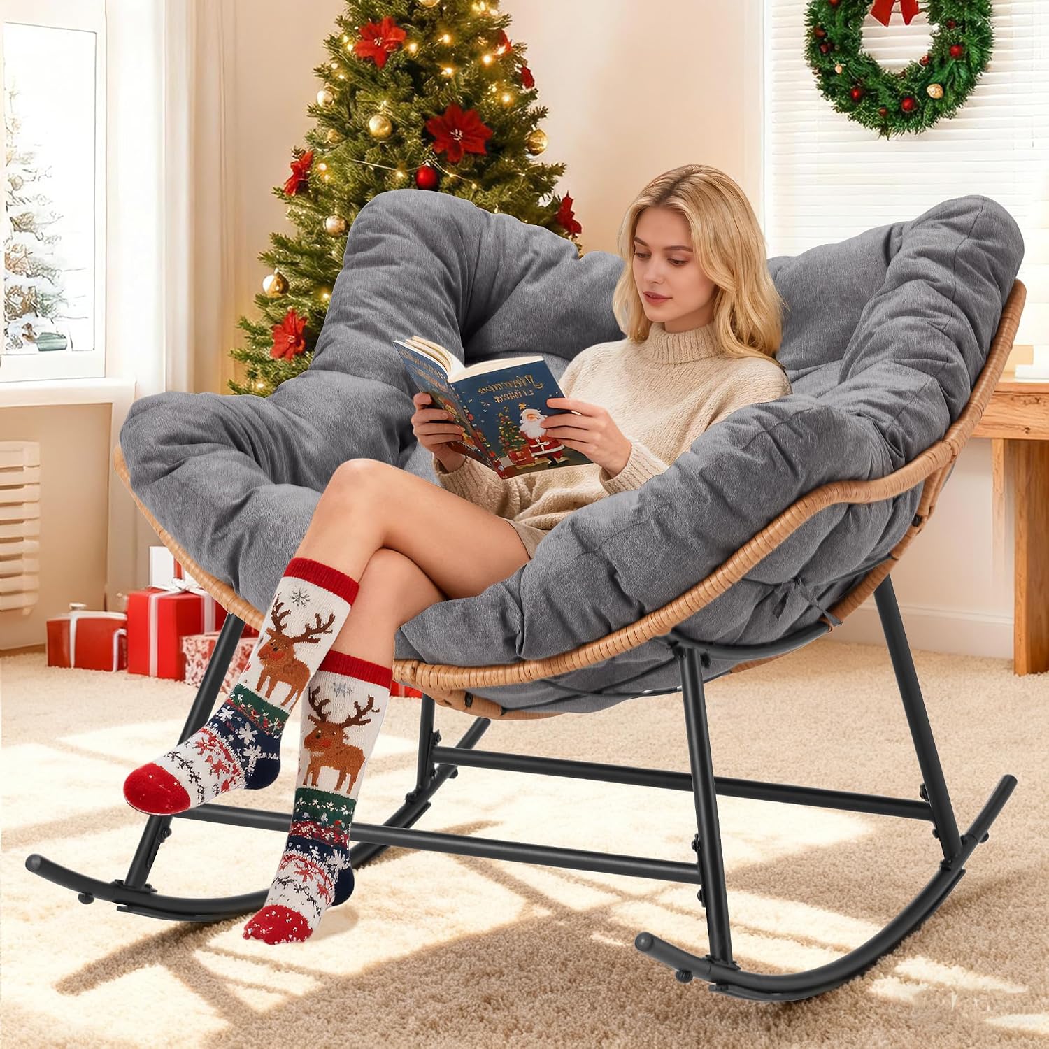 Youtanic Outdoor Rocking Chair, Oversized Papasan Reading Chair Indoor with Thick Cushion, Comfy Rattan Rocker Egg Chair for Patio, Garden, Balcony, Lawn, Backyard, Bedroom, up to 450lbs, Dark Gray
