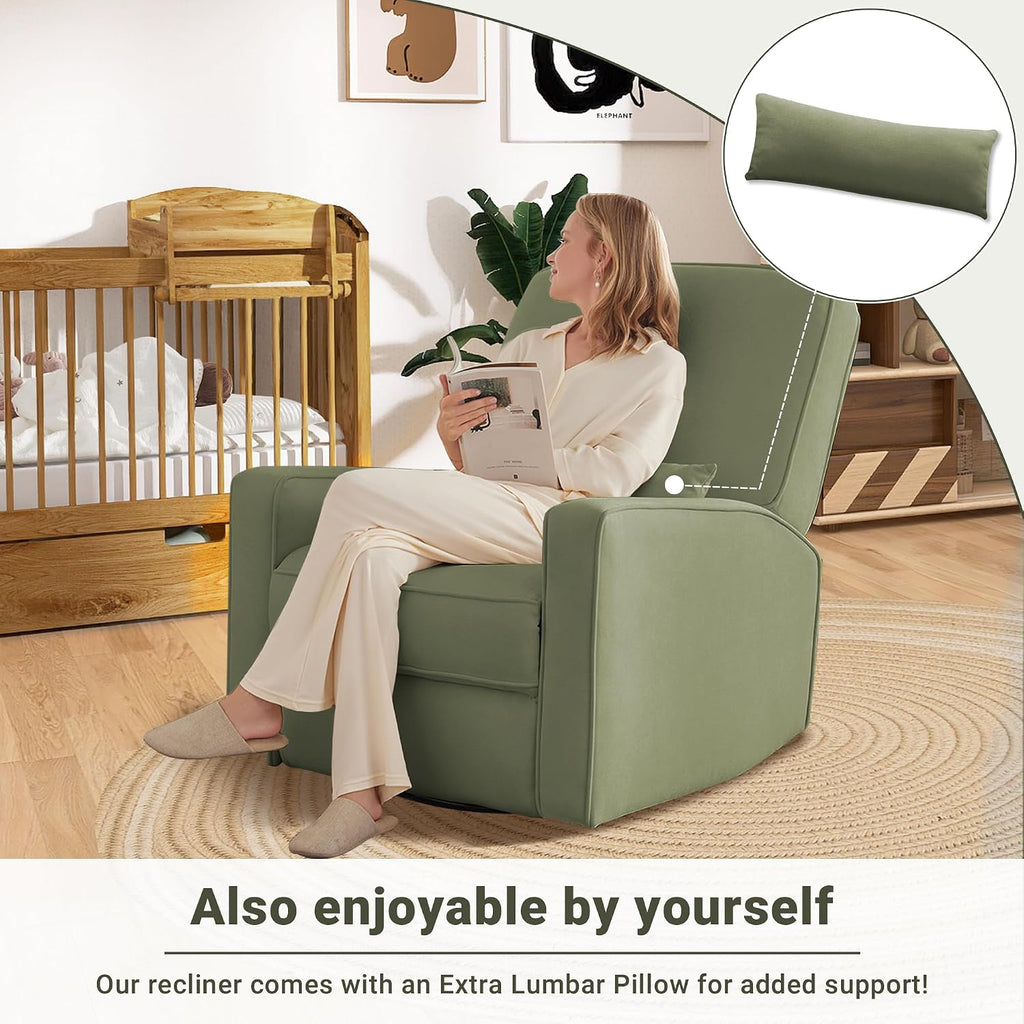 Tbfit Nursery Rocking Chair,360°Swivel Recliner Chair with Lumbar Support for Bedroom, Comfy Upholstered Armchair with Pillows & Footrest for Living Room & Baby Room