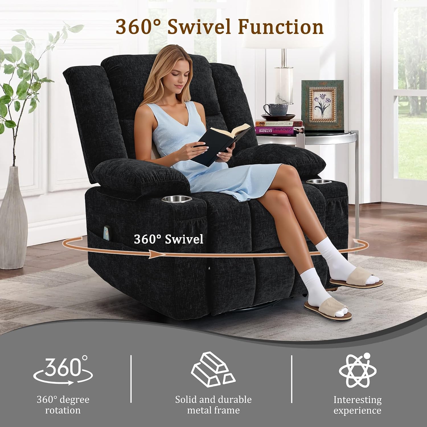 Korser Adult 360° Rotating Recliner with Massage and Heating Functions, Cup Holder and Manual Tilt Mechanism, Suitable for Living Room and Bedroom (Fabric, Black)