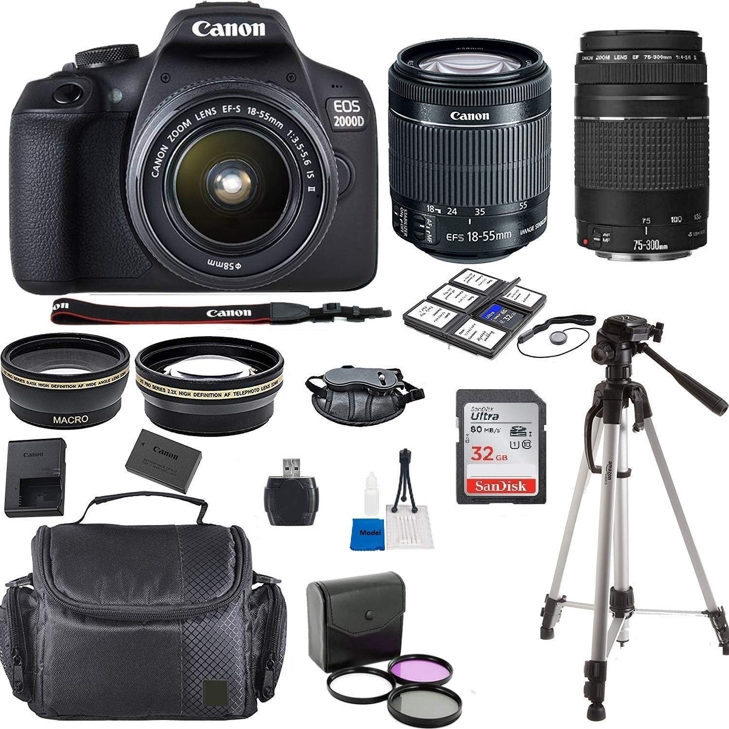 Canon EOS 2000D Rebel T7 Kit with EF-S 18-55mm f/3.5-5.6 III Lens + Canon 75-300 Lens F/4.5-5.6 III + Accessory Bundle + Model Electronics Cloth (Renewed)