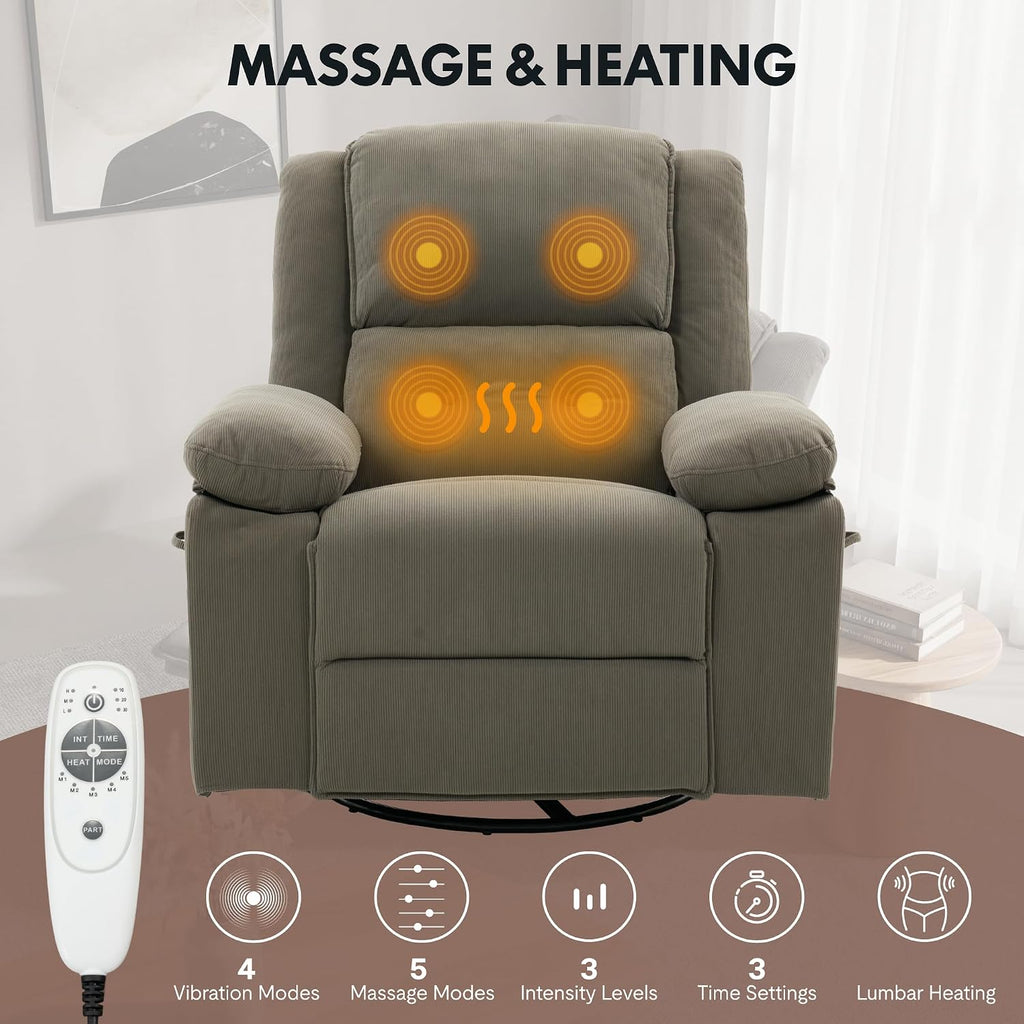 FLEXISPOT XRC2 360° Swivel Rocker Recliner for Adults, Rocking Glider Chair with Massage and Heat, Small Swivel Recliner for Living Room Bedroom Nursery, Grey