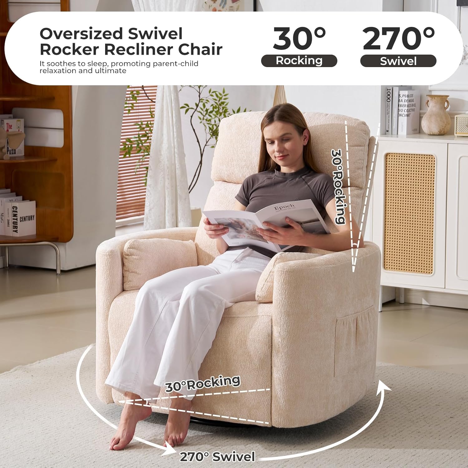Oversized Swivel Rocker Recliner with Massage and Heat, Swivel Nursery Recliner With Adjustable Headrest, Manual Rocker Recliner Chair with Two Removable Pillows, High Back Barrel Armchair, Beige
