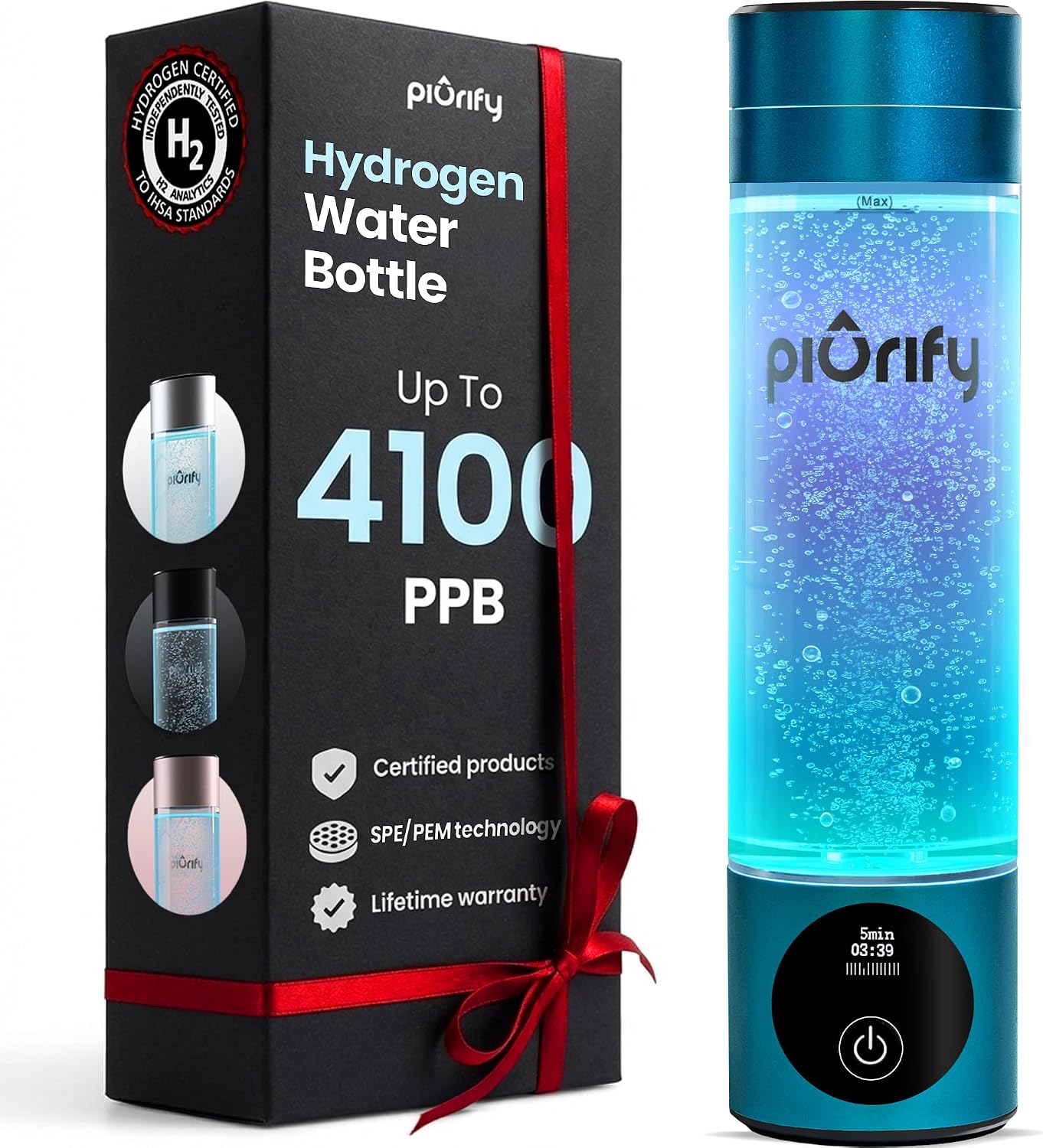 PIURIFY Hydrogen Water Bottle Generator - Up to 4100+ PPB Molecular Hydrogen Infusion - SPE/PEM Technology - Certified H2 Generator - Rechargeable - Extended Warranty - 10 oz (Turquoise)