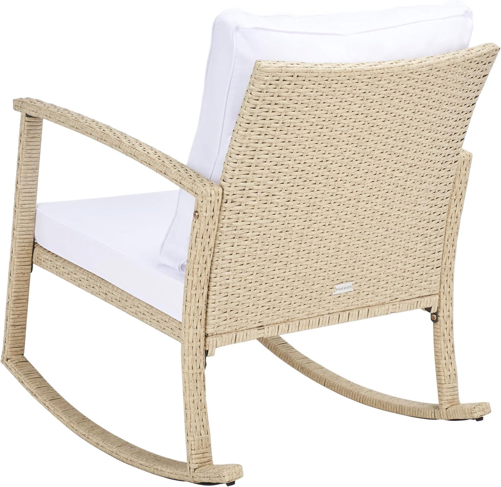 SAFAVIEH Outdoor - Daire Rocking Chair - Beige & White - Steel Frame & Faux Rattan with Cushion - Open-Frame Design - Ideal for Patio, Deck, Porch, Backyard, 14.4' Seat Height (PAT7721B)