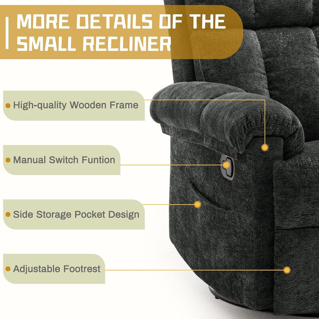 Korser Recliner Chair, Swivel Rocker Recliner Chair for Adults, Small Recliners for Small Spaces, Upholstered Manual Recliner with Side Pockets, Nursery Rocking Chair for Living Room, Chenille, Black