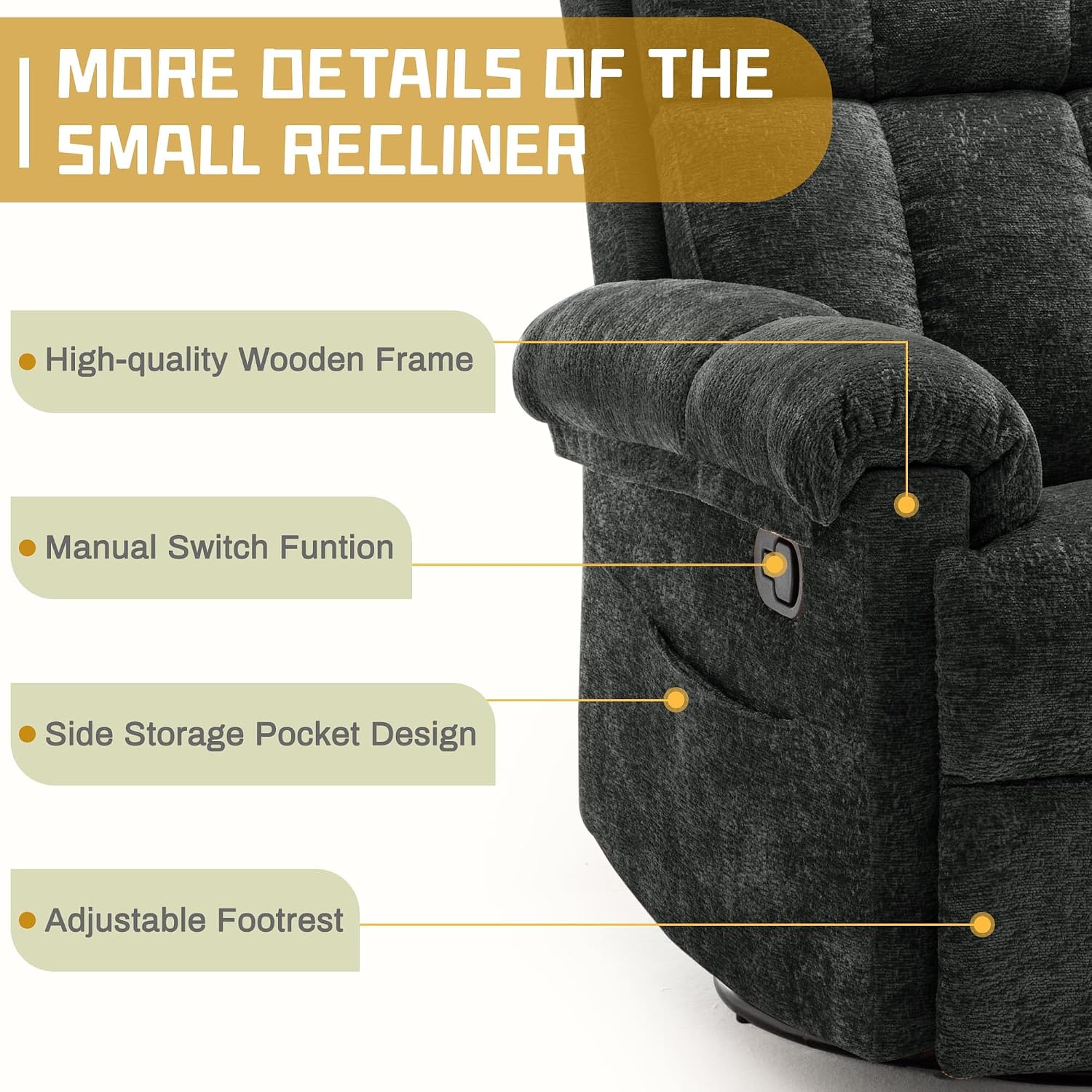 Korser Recliner Chair, Swivel Rocker Recliner Chair for Adults, Small Recliners for Small Spaces, Upholstered Manual Recliner with Side Pockets, Nursery Rocking Chair for Living Room, Chenille, Black