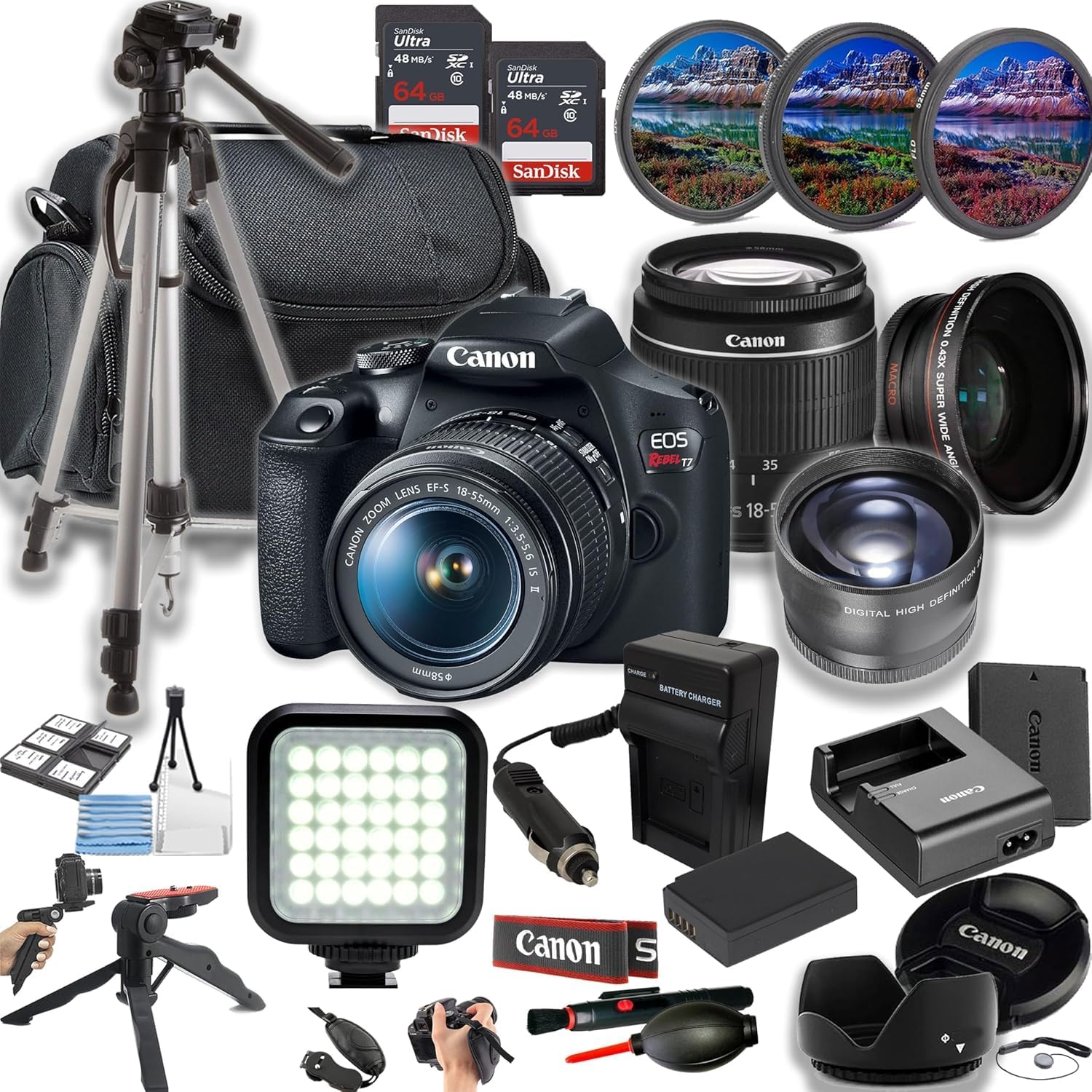Canon EOS Rebel T7 24MP DSLR Camera w/EF-S 18-55mm f/3.5-5.6 is II Lens + LED Light + 128GB Memory + Lenses + Filters + Case + Tripod + Grips + Added Power, and More (28pc Bundle) (Renewed)
