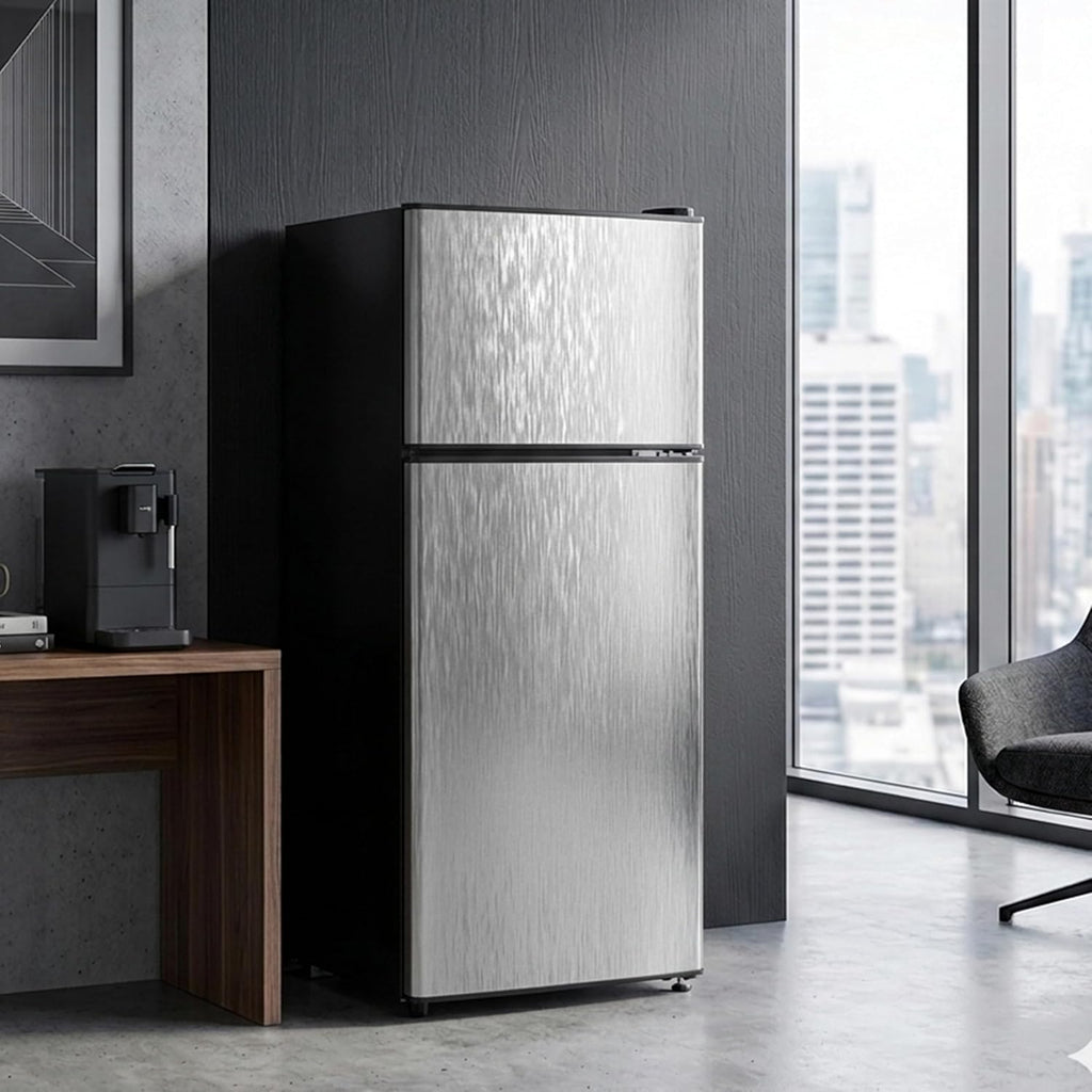 3.2 Cu.Ft Mini Fridge with Freezer, 2 Door Small Refrigerator with Adjustable Thermostat Energy-efficient Low Noise, Compact Fridge for Bedroom, Office, Dorm, Pewter