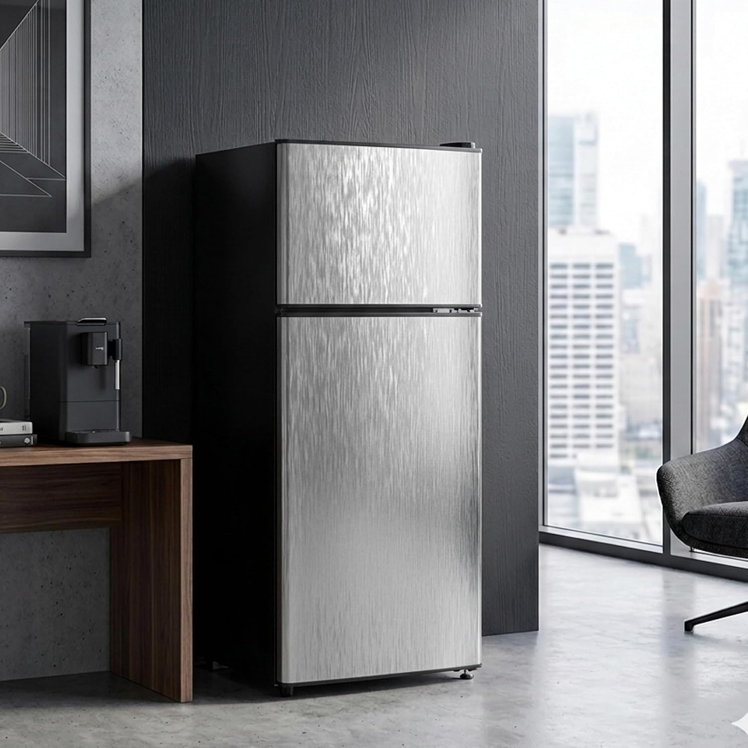 3.2 Cu.Ft Mini Fridge with Freezer, 2 Door Small Refrigerator with Adjustable Thermostat Energy-efficient Low Noise, Compact Fridge for Bedroom, Office, Dorm, Pewter