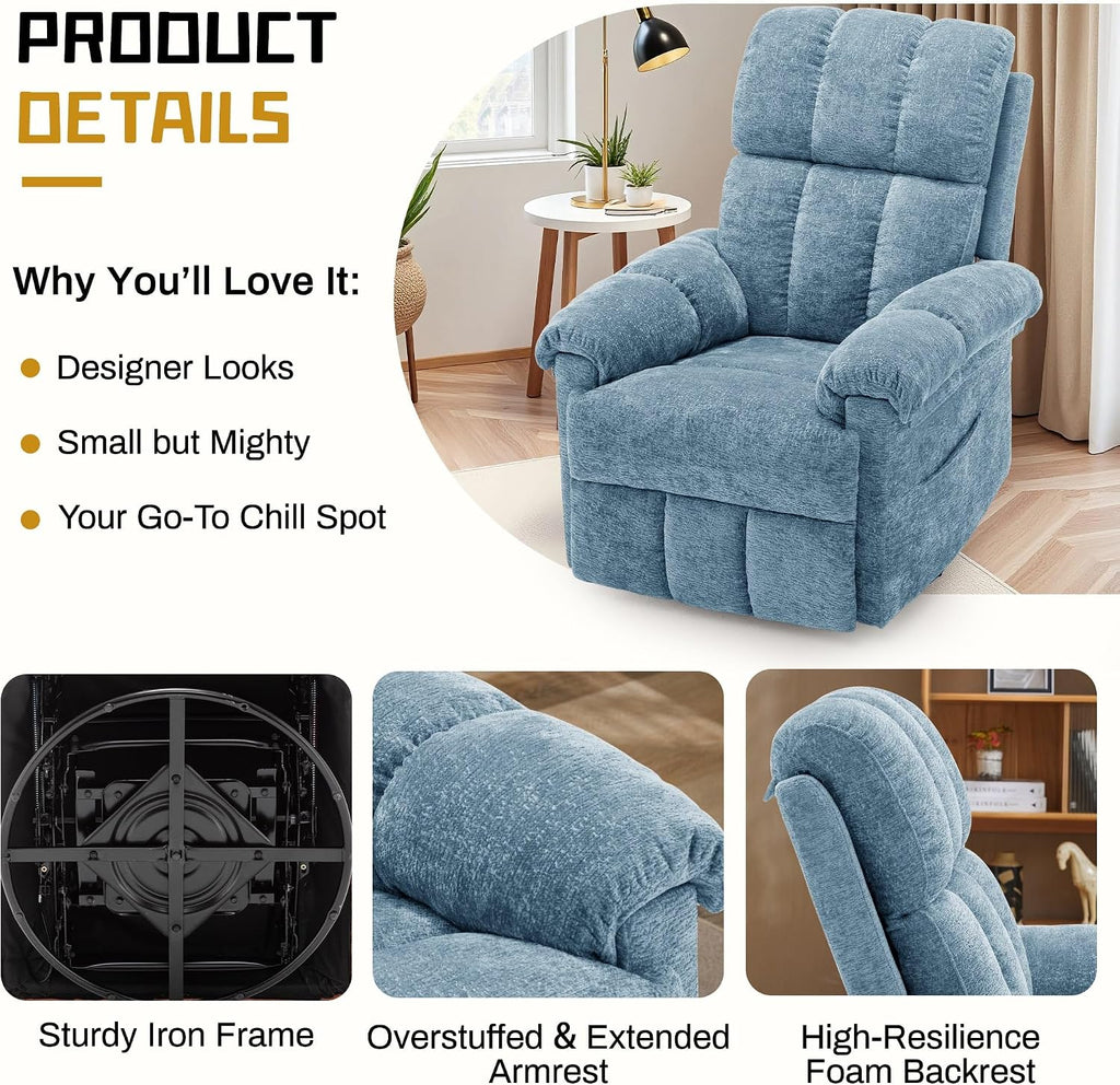 Korser Recliner Chair, Swivel Rocker Recliner Chair for Adults, Small Recliners for Small Spaces, Manual Recliner Chair with Side Pockets, Nursery Rocking Chair for Living Room, Chenille, Airy Blue