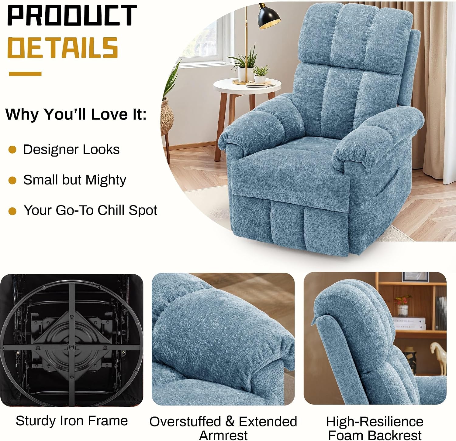 Korser Recliner Chair, Swivel Rocker Recliner Chair for Adults, Small Recliners for Small Spaces, Manual Recliner Chair with Side Pockets, Nursery Rocking Chair for Living Room, Chenille, Airy Blue
