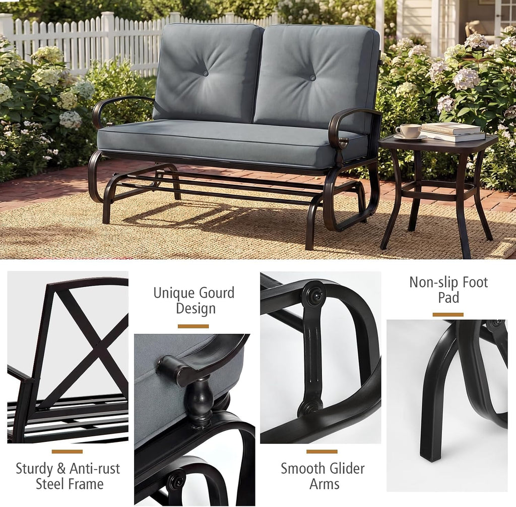 Giantex Outdoor Glider Bench, Patio 2 Person Loveseat with Removable Cushion, Thick Padded Seat, Stable Steel Frame, 400Lbs Capacity, Outside Glider Swing Chair for Deck, Poolside, Yard, Porch (Grey)
