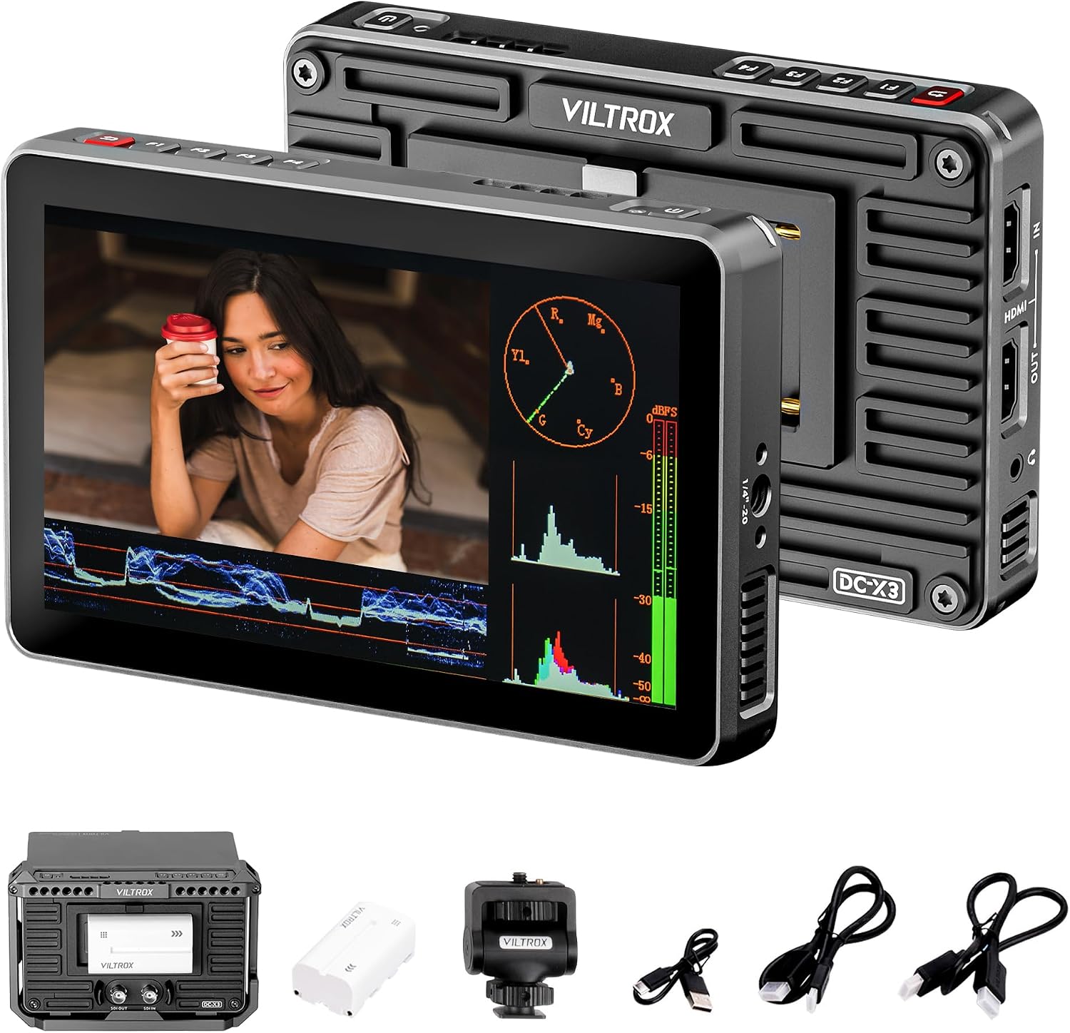 VILTROX DC-X3 6 Inch Camera Field Monitor 2000nits FHD 1920x1080 IPS Touchscreen with 4K HDMI/3G-SDI Loop in/Out, 3D LUTs Video Peaking Focus Assist Waveform, Cold Shoe Mount, Sunshade Hood, Battery