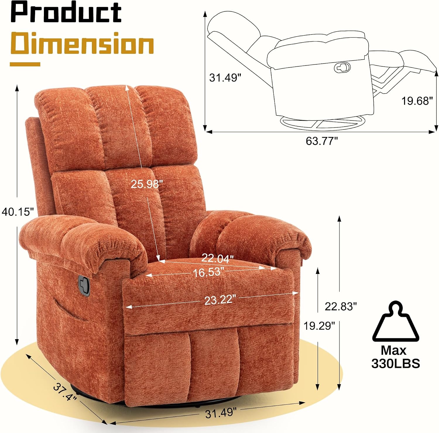 Korser Recliner Chair, Swivel Rocker Recliner Chair for Adults, Small Recliners for Small Spaces, Manual Recliner with Side Pockets, Upholstered Nursery Rocking Chair for Living Room, Chenille, Orange