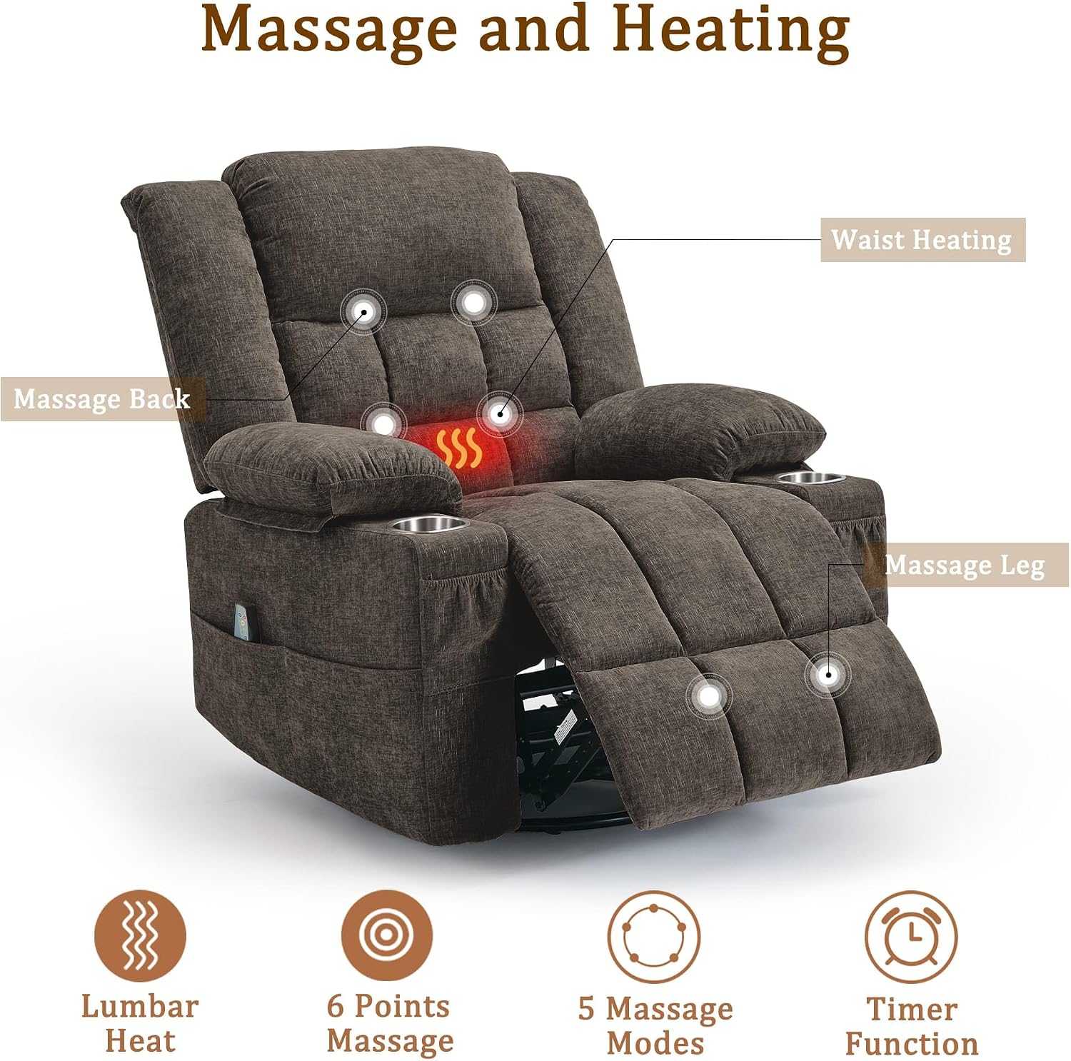 Korser 360° Swivel Rocker Recliner for Adults, Nursery Glider Recliner with Massage and Heating, Rocking Chair with Cup Holder, Manual Recliner Chair for Living Room, Bedroom (Fabric, Brown)