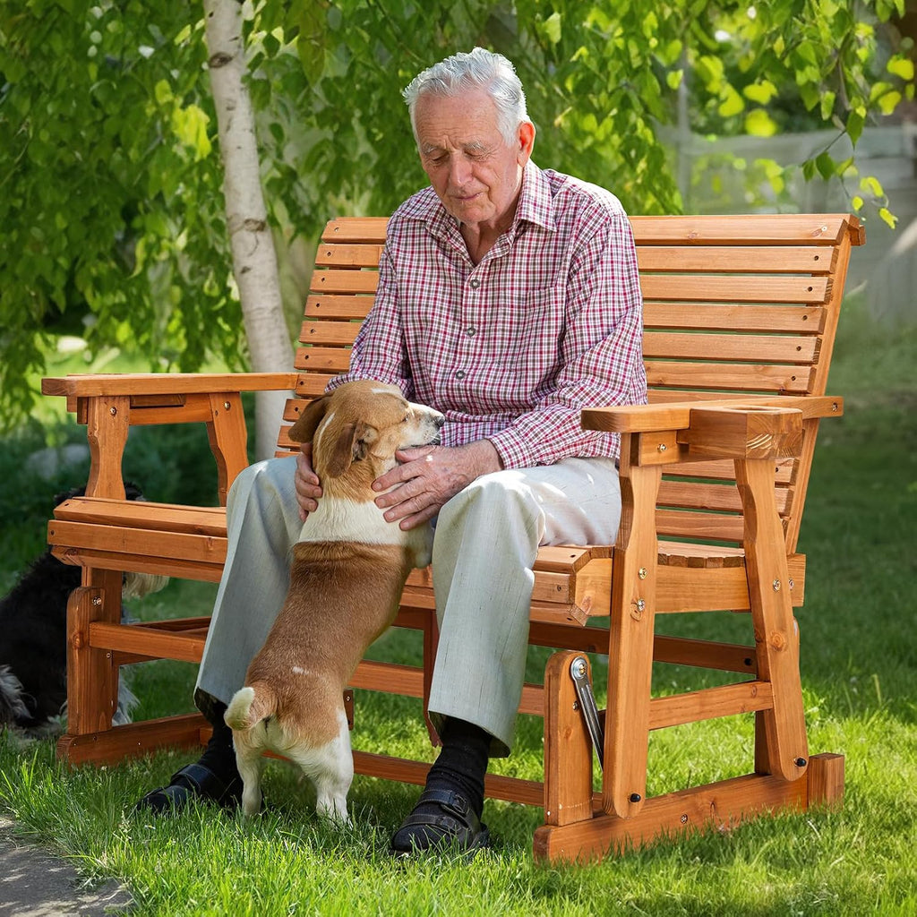 VINGLI Outdoor Glider Wood Patio Chair with Cup Holders, Outdoor Bench Glider Loveseat with Smooth Rocking Mechanism, Heavy Duty 800 LBS