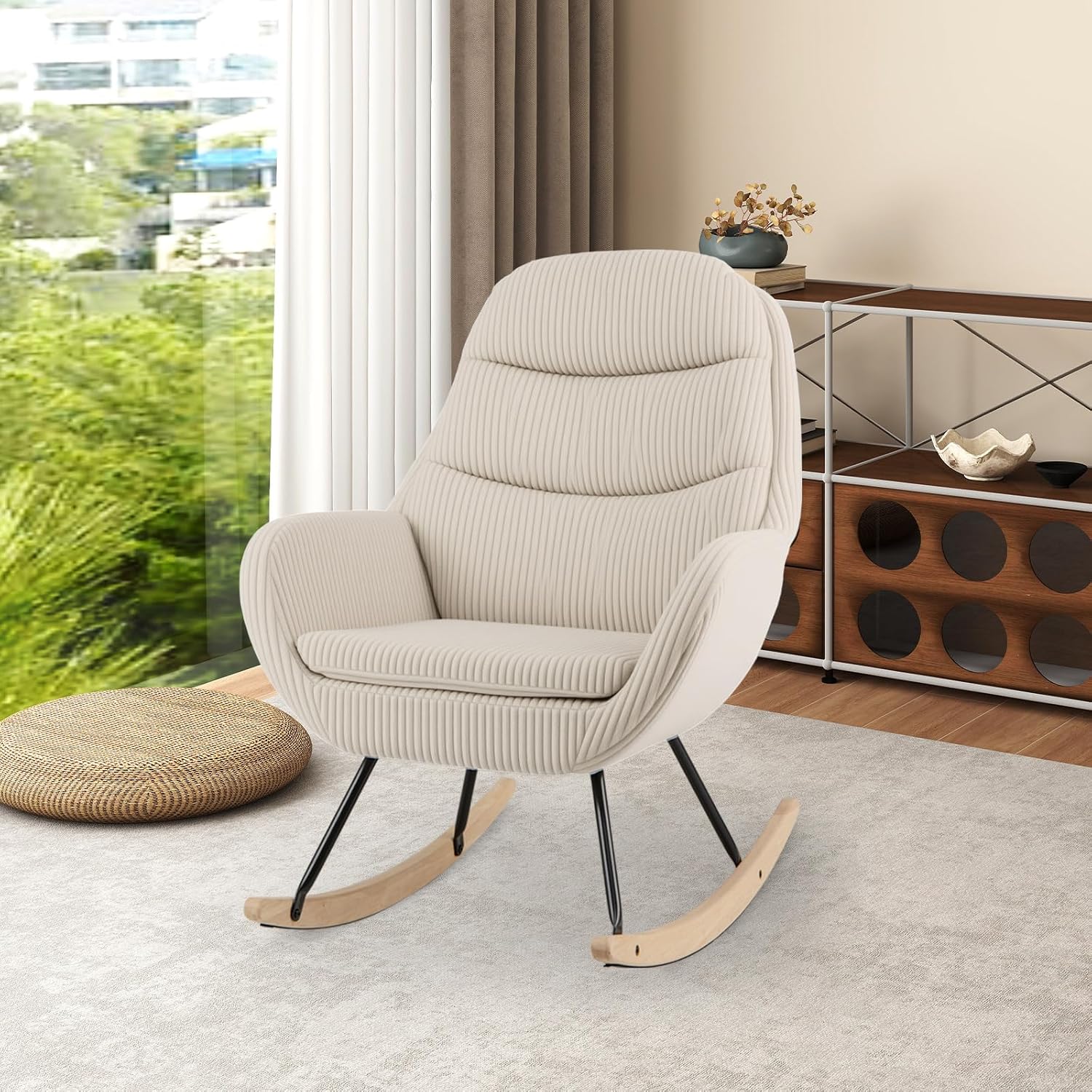 Giantex Rocking Chair Nursery, Upholstered Glider Rocker with Padded Backrest & Seat, Rubber Wood Feet & Sturdy Metal Frame, Modern Accent Chair Comfy Armchair for Living Room, Bedroom & Office (1)