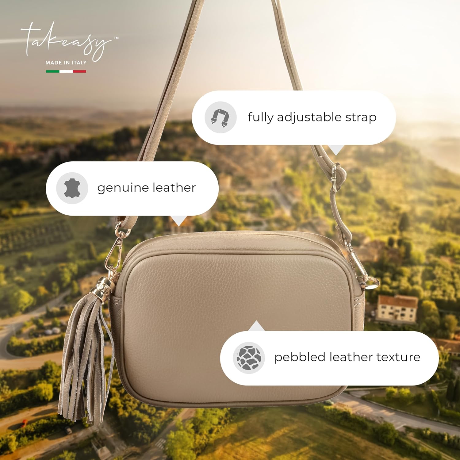Italian Calf Leather Crossbody Bag for Women with Tassel Zipper | Small Camera Purse Shoulder Handbag Pocketbook