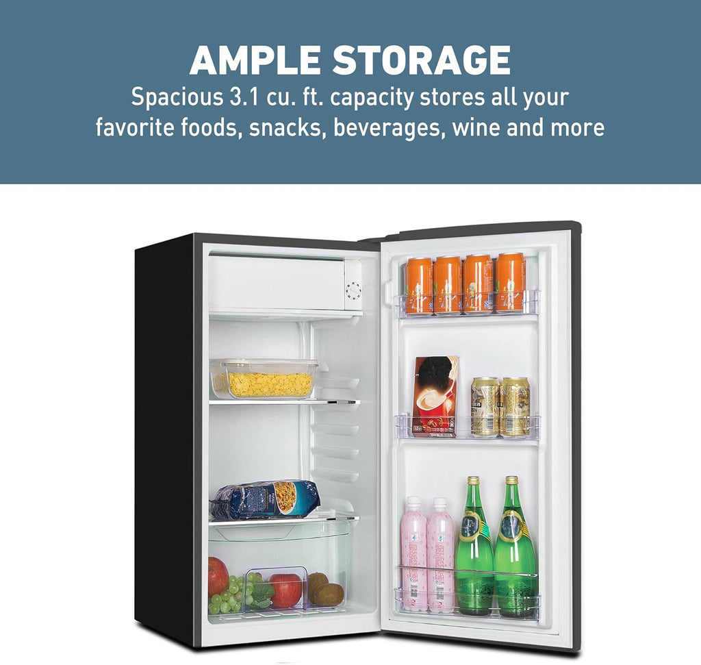 West Bend Mini Fridge for Bedroom, Office, Bar or College Dorm Room, Retro Compact Refrigerator features single door, removable glass shelves and adjustable temperature control, 3.0-Cu.Ft., Black