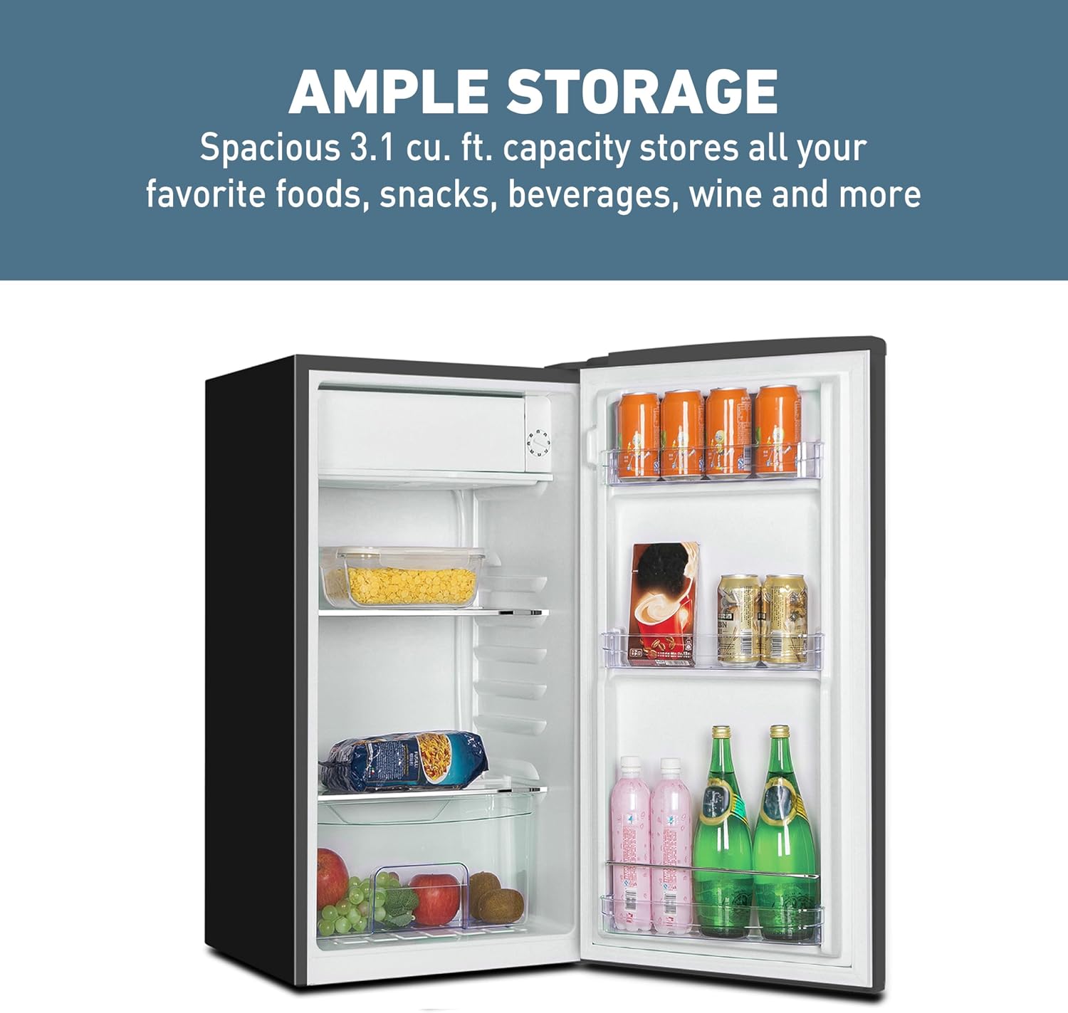 West Bend Mini Fridge for Bedroom, Office, Bar or College Dorm Room, Retro Compact Refrigerator features single door, removable glass shelves and adjustable temperature control, 3.0-Cu.Ft., Black