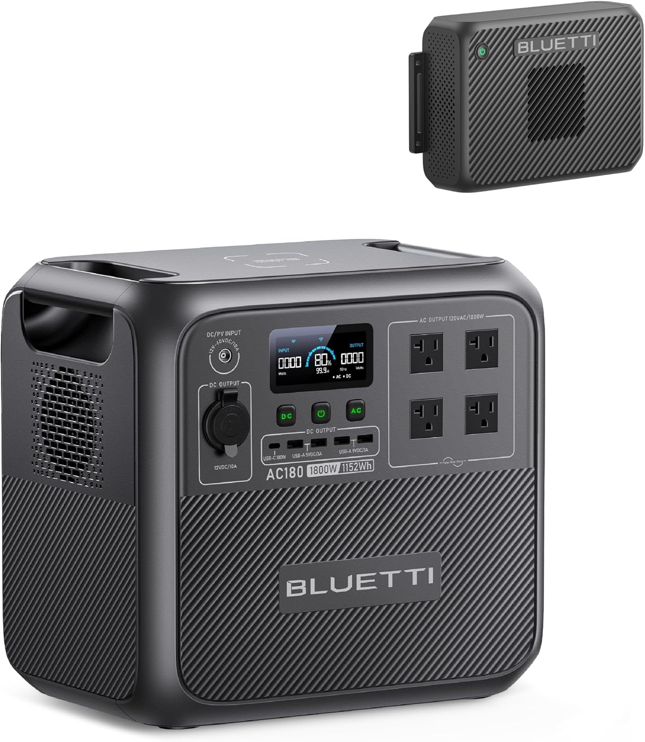 BLUETTI AC180 Portable Power Station & Charger 2 (Ships Separately), 1152Wh LFP Backup, 1200W Alternator Charger for Solar Generator, 2.4 H Full Charge via Car, Ideal for Road Trips, Off-grid Use