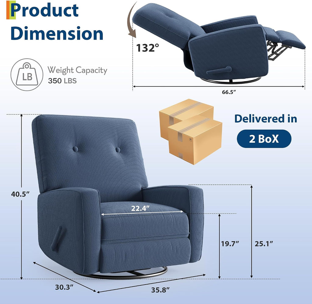 Garvee Nursery Recliner Chair, 360° Swivel Rocking Glider Chair for Adults with Adjustable Backrest & Footrest, Upholstered Armchair for Living Rooms, Bedrooms, Apartments, Blue