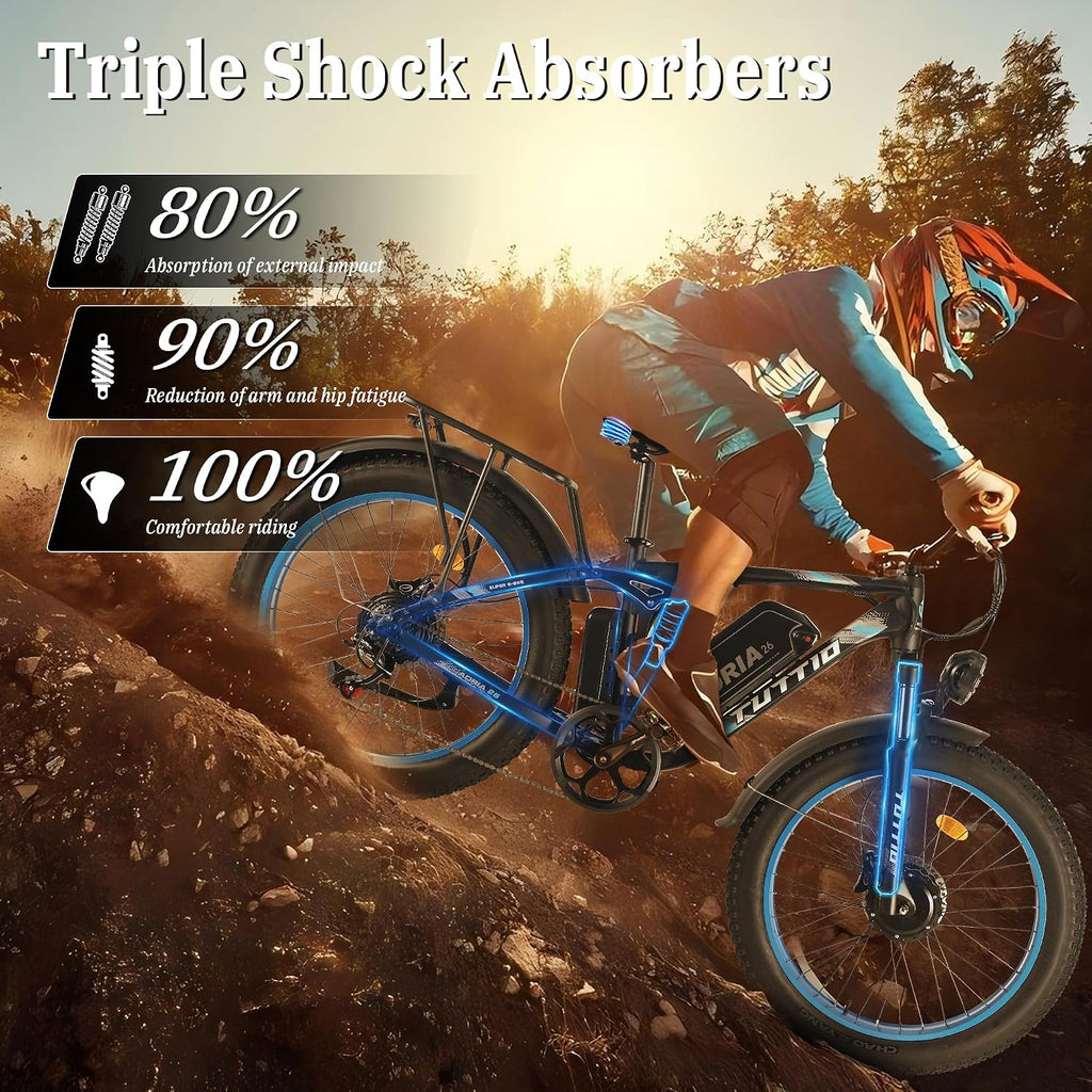 TUTTIO Adria26 5000W/6000W Dual Motor Ebike, 40-46MPH Electric Bike for Adults, 26' x 4' Fat Tire Electric Mountain Bike, 52V 25AH E-Bike Full Suspension Electric Dirt Bike for Off-Road Hunting