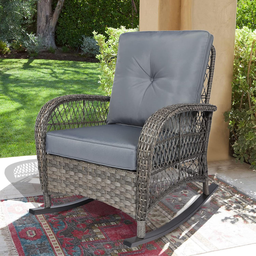 VIVIJASON Outdoor Wicker Rocking Chair, Patio Rattan Rocker Chair with Cushions & Steel Frame, All-Weather Rocking Lawn Wicker Furniture for Garden Backyard Porch (Grey)
