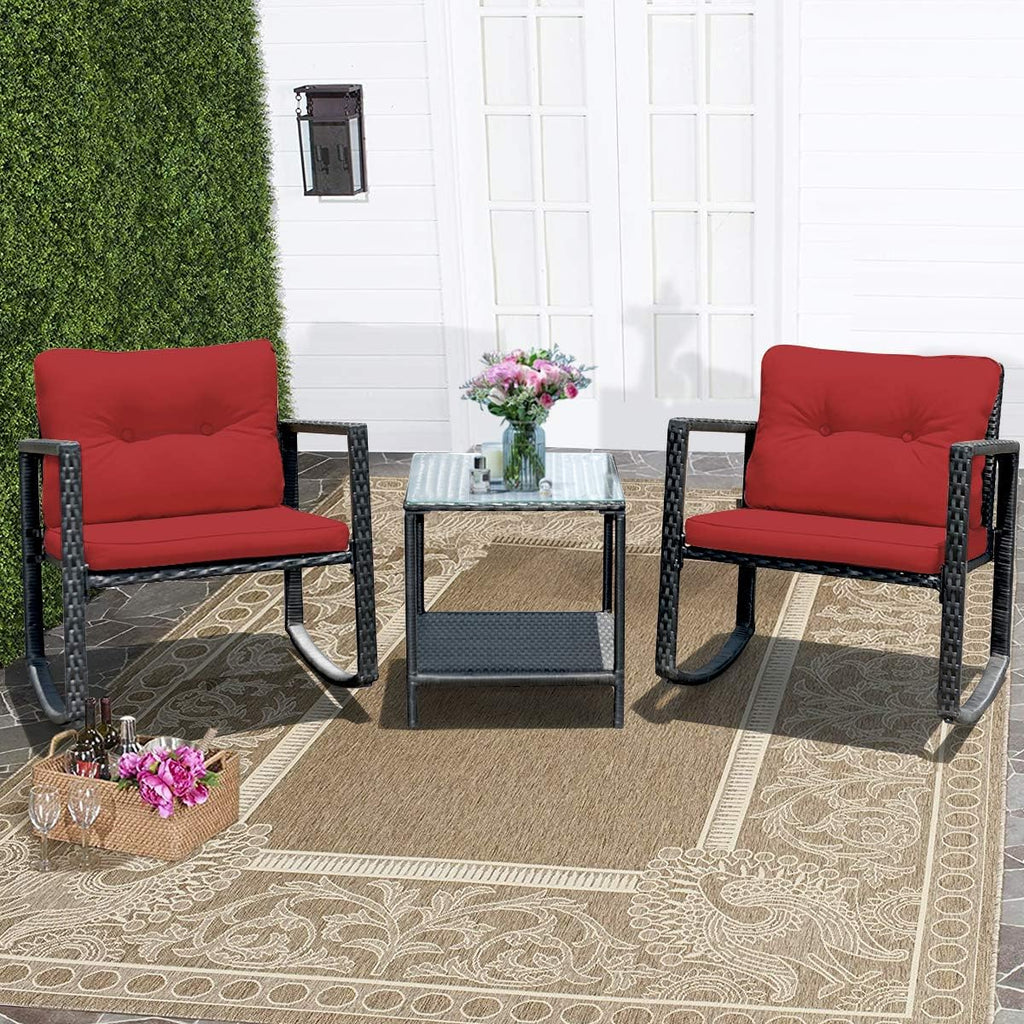 Tangkula 3 Pieces Patio Wicker Rocking Bistro Set, Outdoor Rocking Chair Furniture Set w/Cushioned Seat, Conversation Set w/Glass Coffee Table and Storage Shelf (Red)