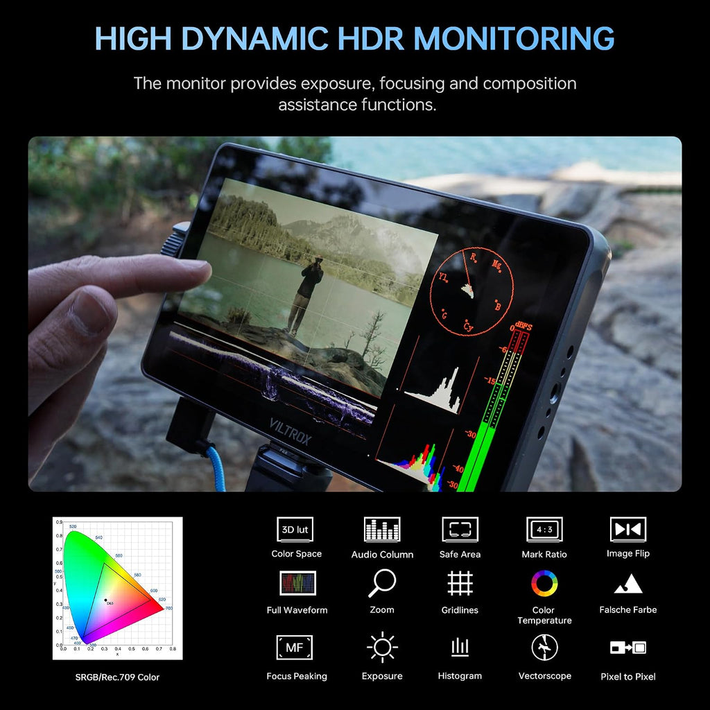 VILTROX DC-A1 2800Nits Camera Field Monitor Touchscreen with 7' Full HD1920x1080 IPS 4K HDMI Loop in/Out,3D LUTs Waveform Video Peaking Focus Assist, 170° Wide View Angle, Sunshade Hood & Battery