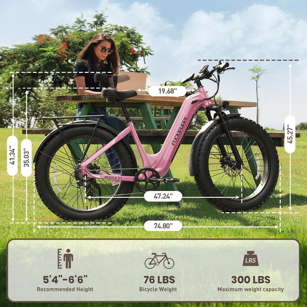 PUCKIPUPPY Electric Bike for Adults 500W, Step-Through Design, 26' Fat Tire Electric Mountain Hunting Bike, 48V 15AH Max 20MPH Off-Road Ebike with Rear Storage Shelf