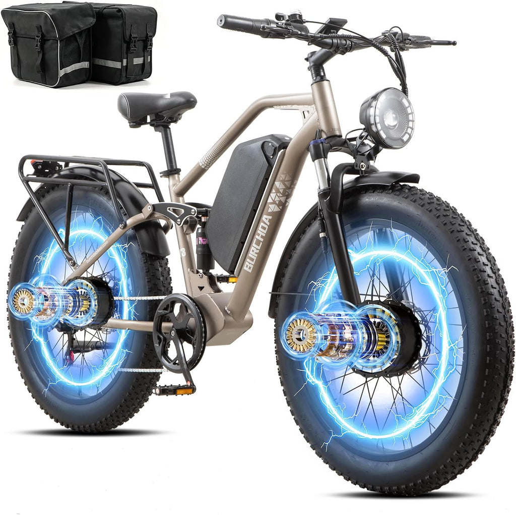 DAMSON Electric Bike for Adults Dual Motor AWD 5000W/3000W/1500W Peak 40MPH/30MPH Dirt Ebike, 52V/48V Max-Output Up to 65/80/120/160 Miles Long Range, 26' Full Suspension Fat Tire Mountains Bicycle