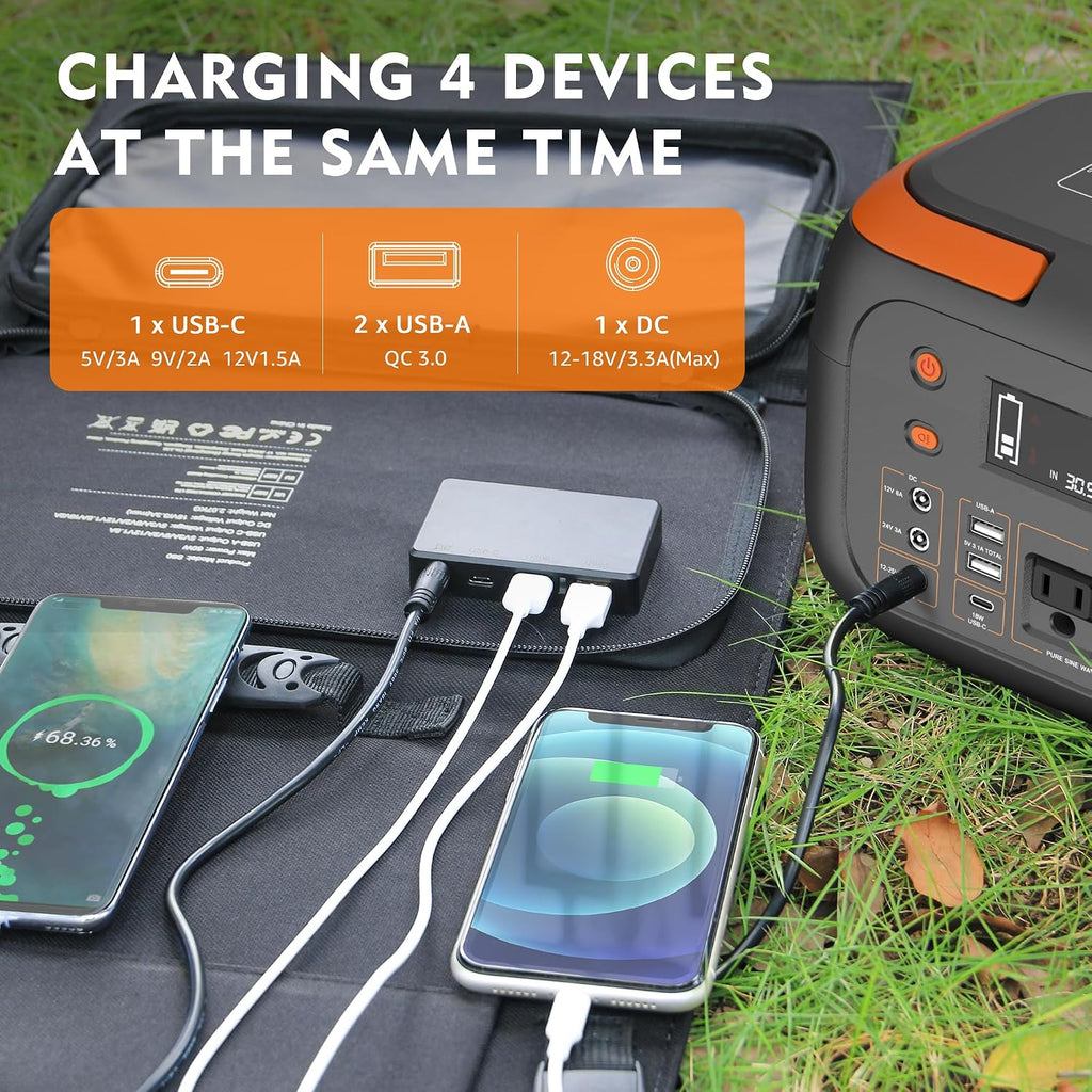 Portable Solar Generator, 300W Portable Power Station with Foldable 60W Solar Panel, 110V Pure Sine Wave 280Wh Lithium Battery Pack with USB DC AC Outlet for Home Use RV Van Outdoor Camping