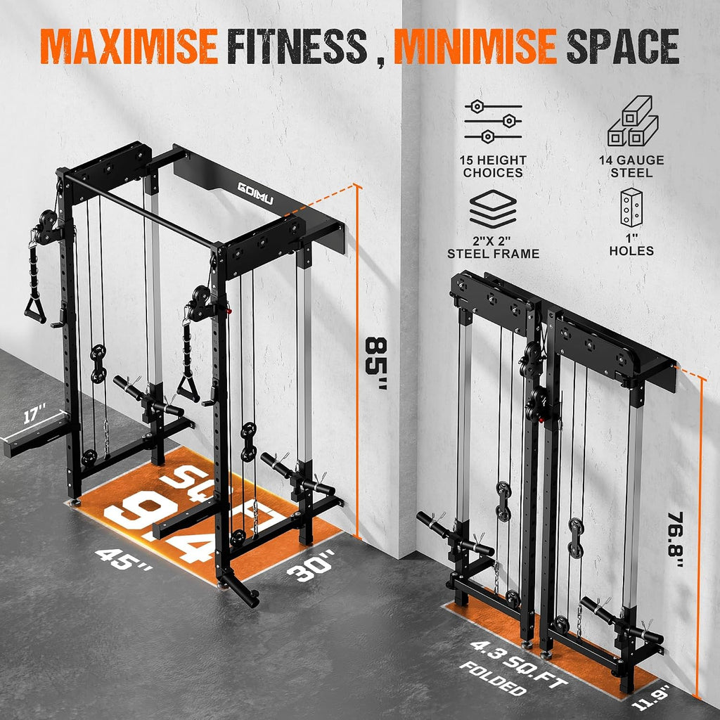 WM3-V4 Folding Squat Rack, Wall Mounted Power Rack with Dual Independent Pulley System, Functional Trainer with 5 Adjustable Function Modes for Space Saving