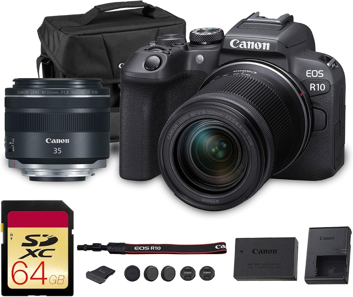 Canon EOS R10 Mirrorless Camera Kit | 24.2MP APS-C Sensor with RF-S 18-150mm Lens | 4K Video Dual Pixel AF Compact Travel Photography (5331C016) + Canon RF 35mm Lens + 64GB Card + Bag