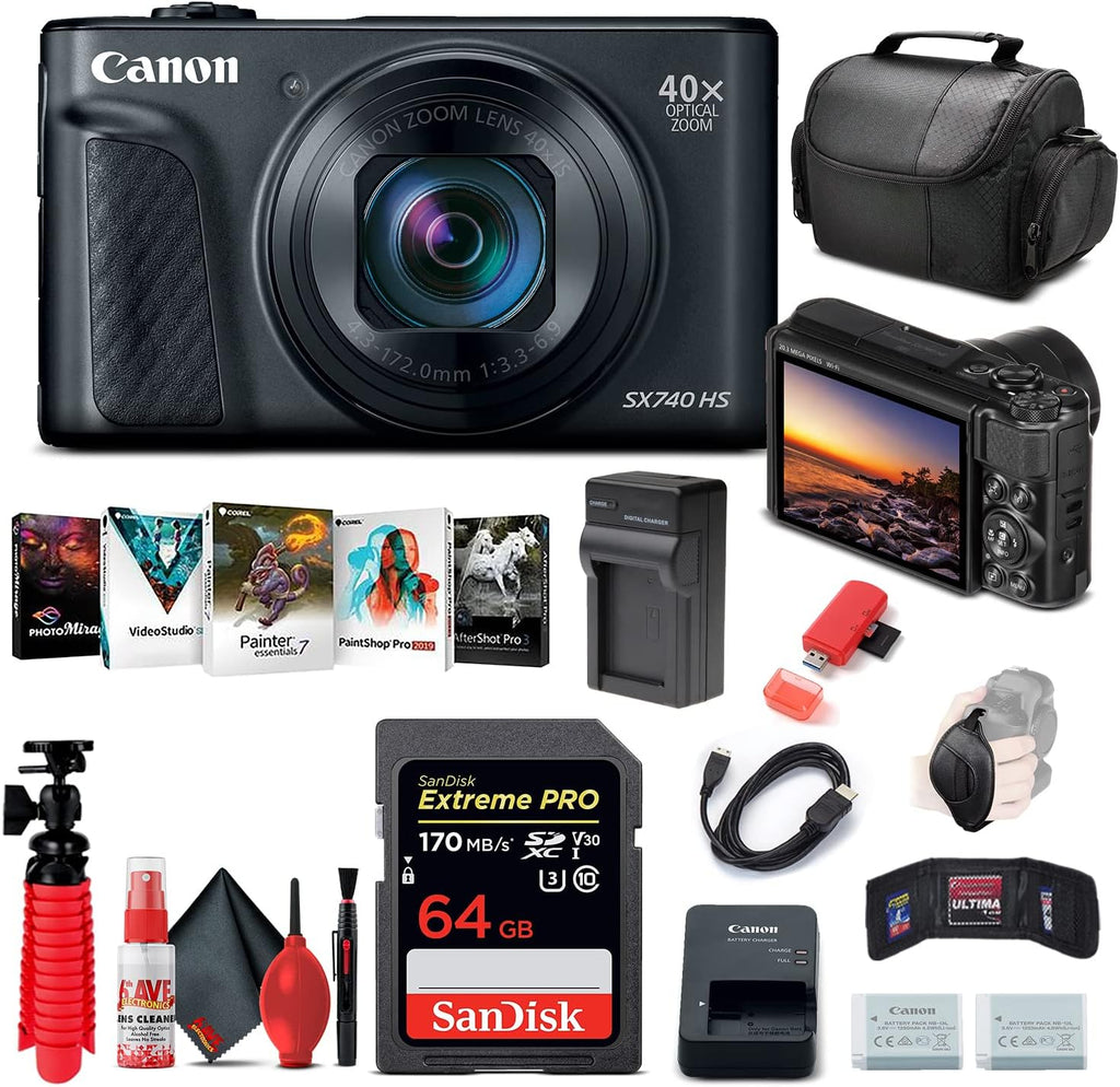 Canon PowerShot SX740 HS Digital Camera (Black) (2955C001) + 64GB Memory Card + NB13L Battery + Corel Photo Software + Charger + Card Reader + Soft Bag + Flex Tripod + More