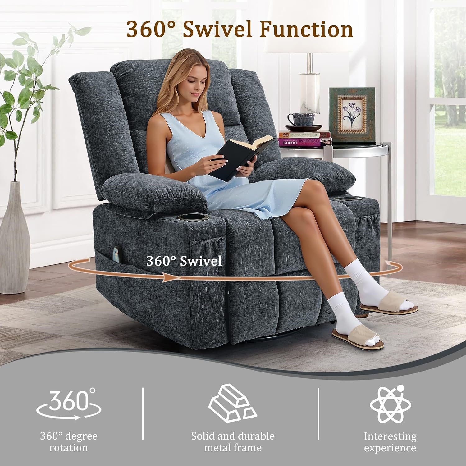 Korser 360° Swivel Rocker Recliner for Adults, Nursery Glider Recliner with Massage and Heating, Rocking Chair with Cup Holder, Manual Recliner Chair for Living Room, Bedroom (Fabric, Dark Gray)