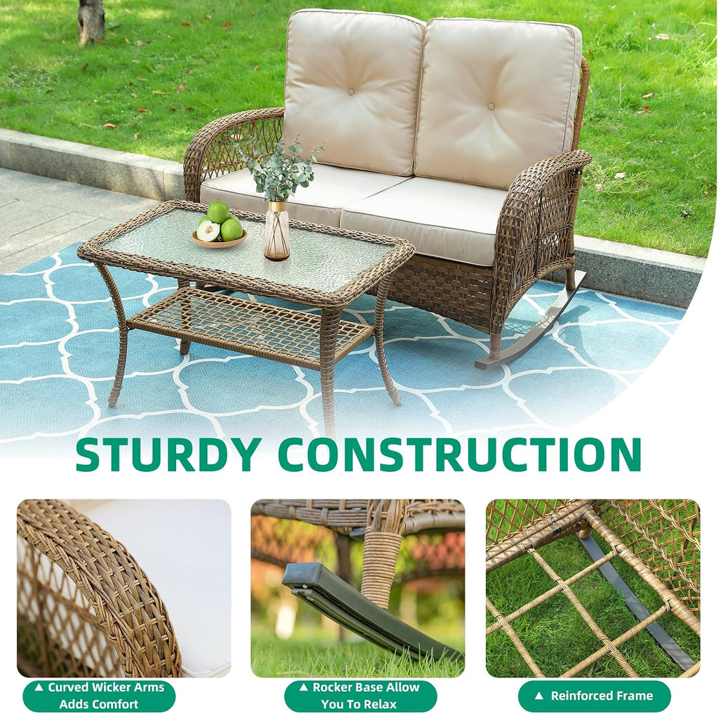 VIVIJASON Outdoor Wicker Loveseat Rocking Chair with Coffee Table, 2-Person Patio Rattan Rocker Sofa Set with Thick Cushions, All-Weather Loveseat Rocker for Porch, Backyard & Garden